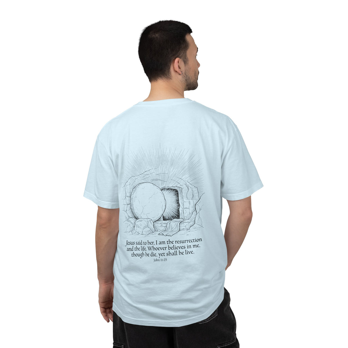 Christian Cross T-Shirt — Resurrection Tomb Design with John 11:25 Scripture