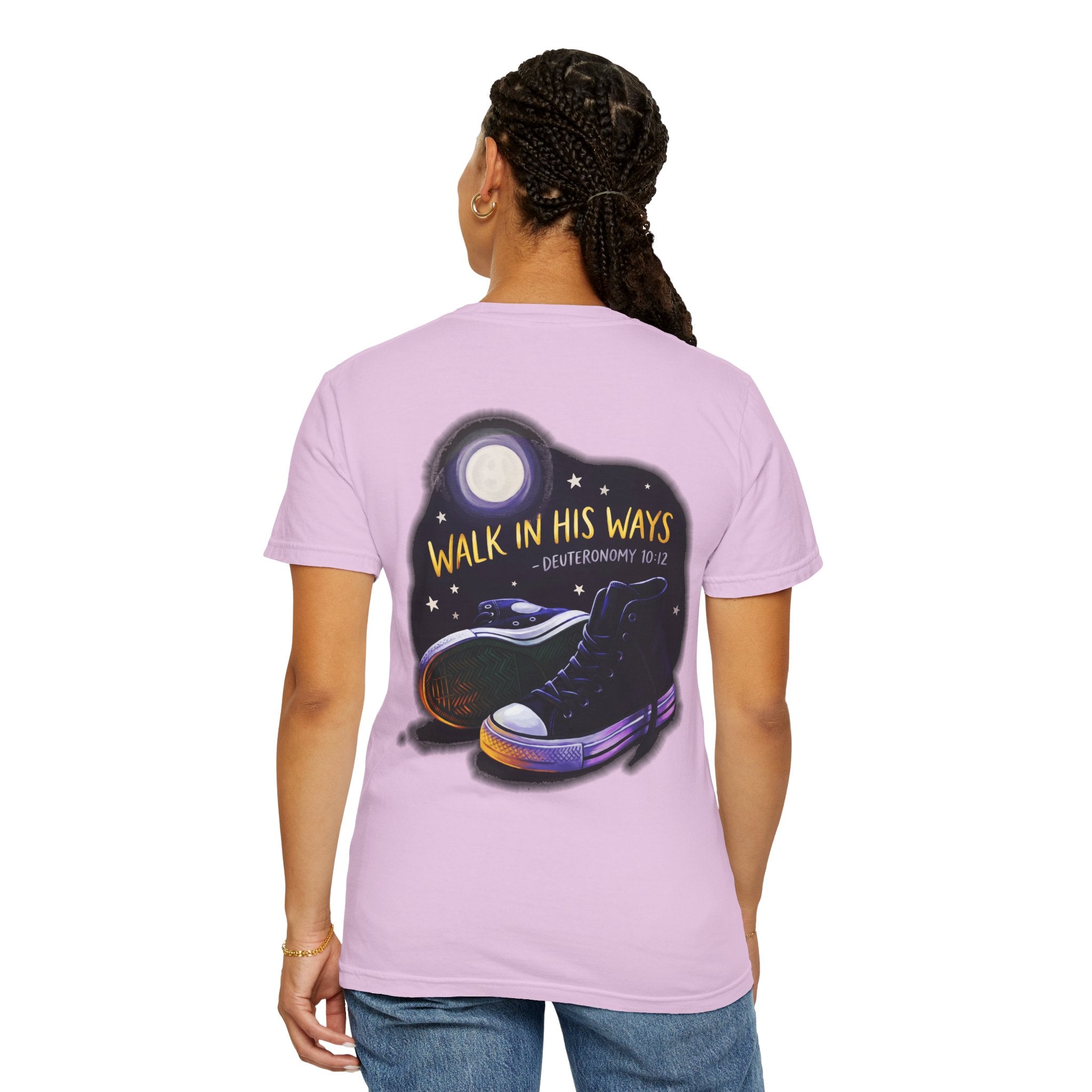 Walk in His Ways T-Shirt — Faith Cross Tee with Moonlit Sneakers (Deuteronomy 10:12)