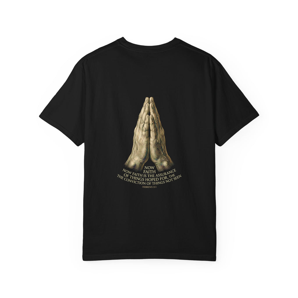 Prayer Hands Cross T‑Shirt — Christian Faith Tee with Back Scripture Design