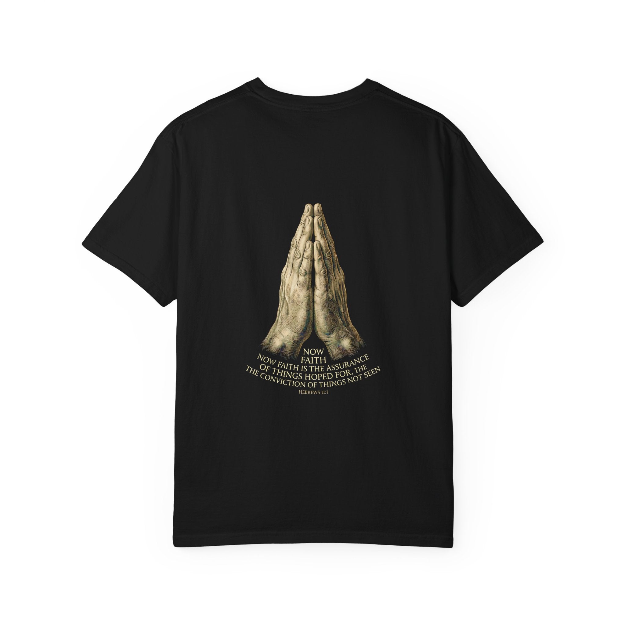 Prayer Hands Cross T‑Shirt — Christian Faith Tee with Back Scripture Design