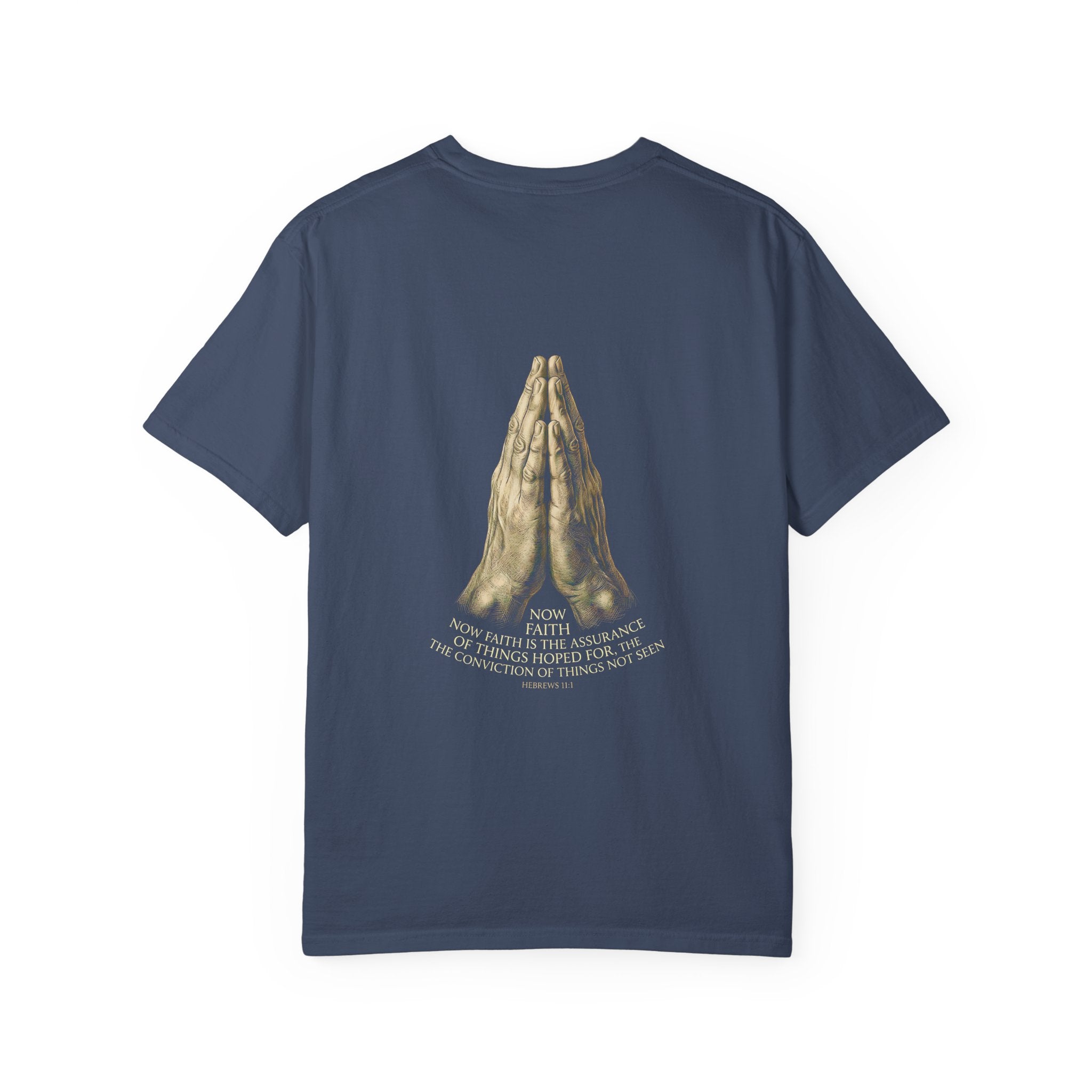 Prayer Hands Cross T‑Shirt — Christian Faith Tee with Back Scripture Design