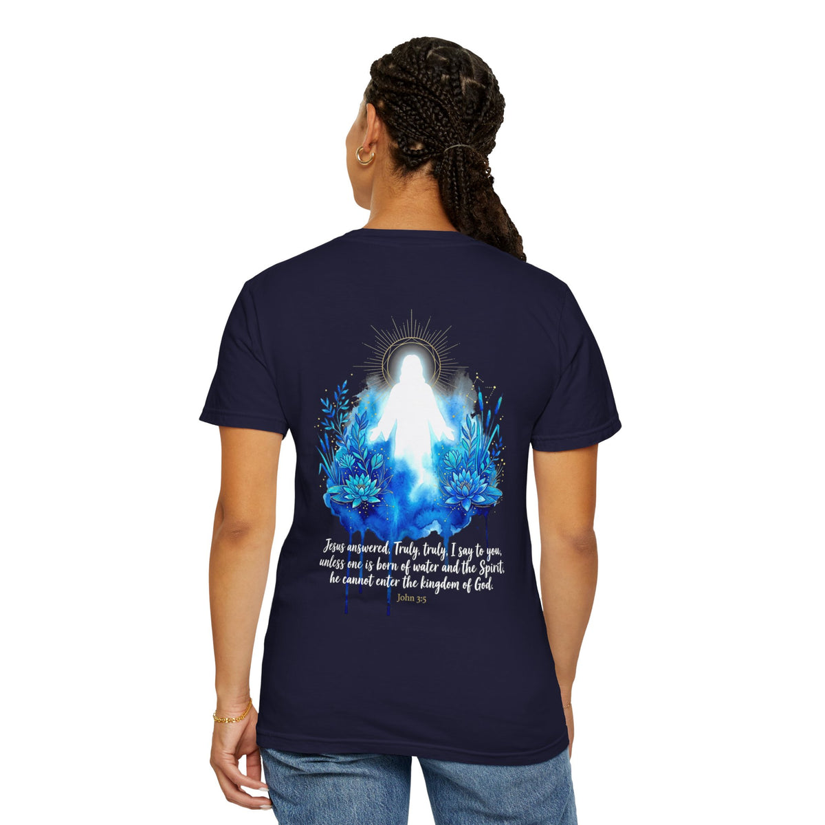 Christian T-Shirt — White Cross Front & Glowing Jesus Back with Blue Flowers (Religious Faith Tee)