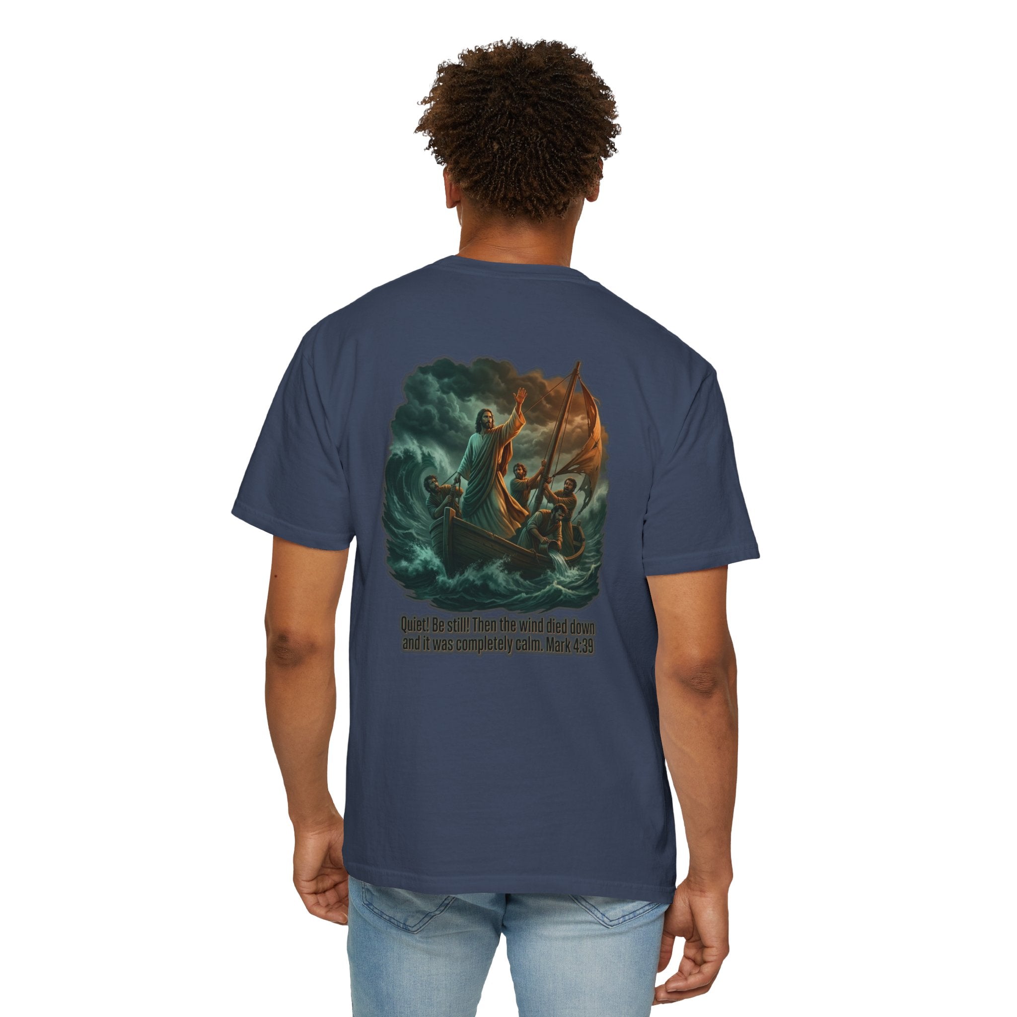 Christian Faith T-Shirt — 'He Said, "Be Still"' Boat Scene with Matthew 8:23-27 Biblical Tee