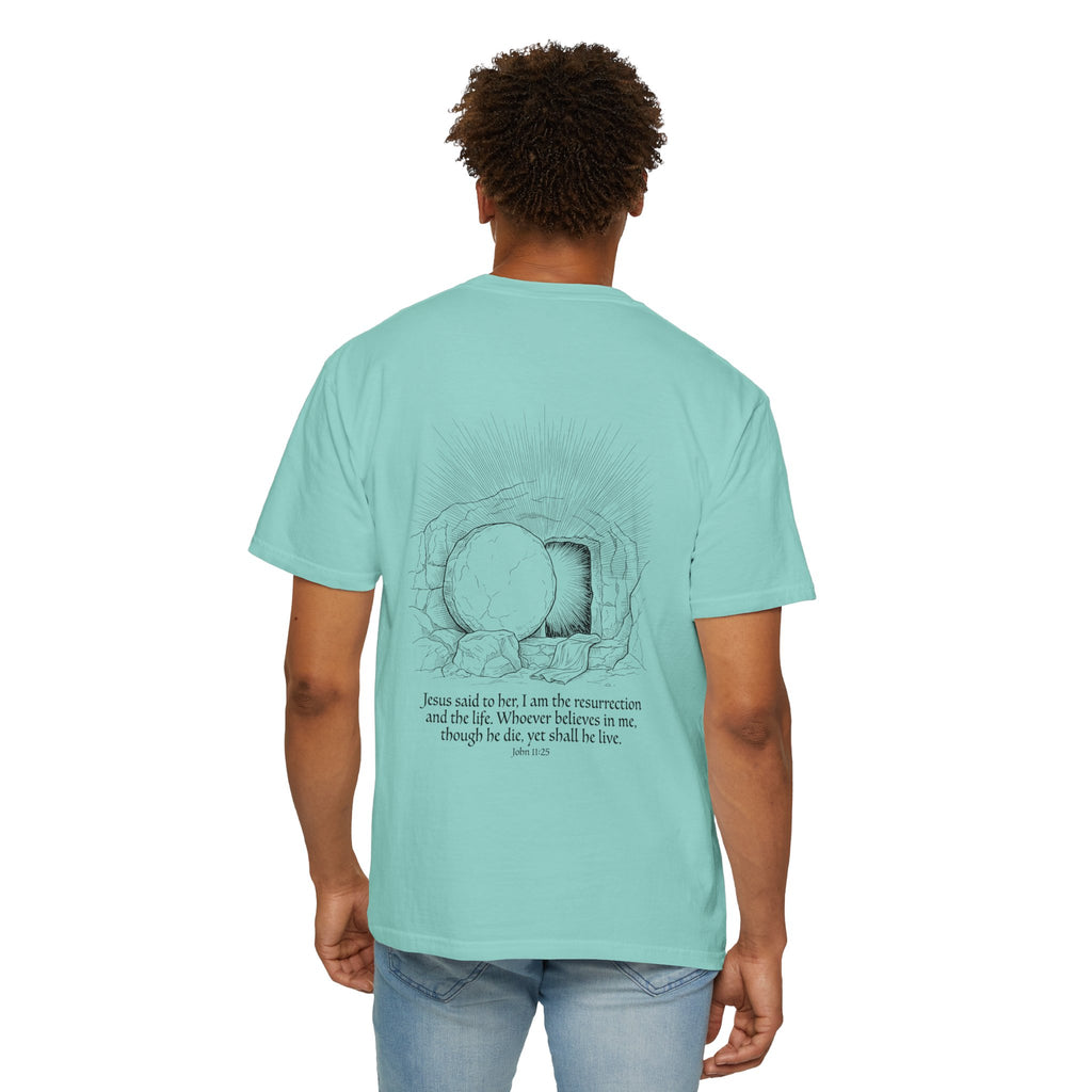 Christian Cross T-Shirt — Resurrection Tomb Design with John 11:25 Scripture
