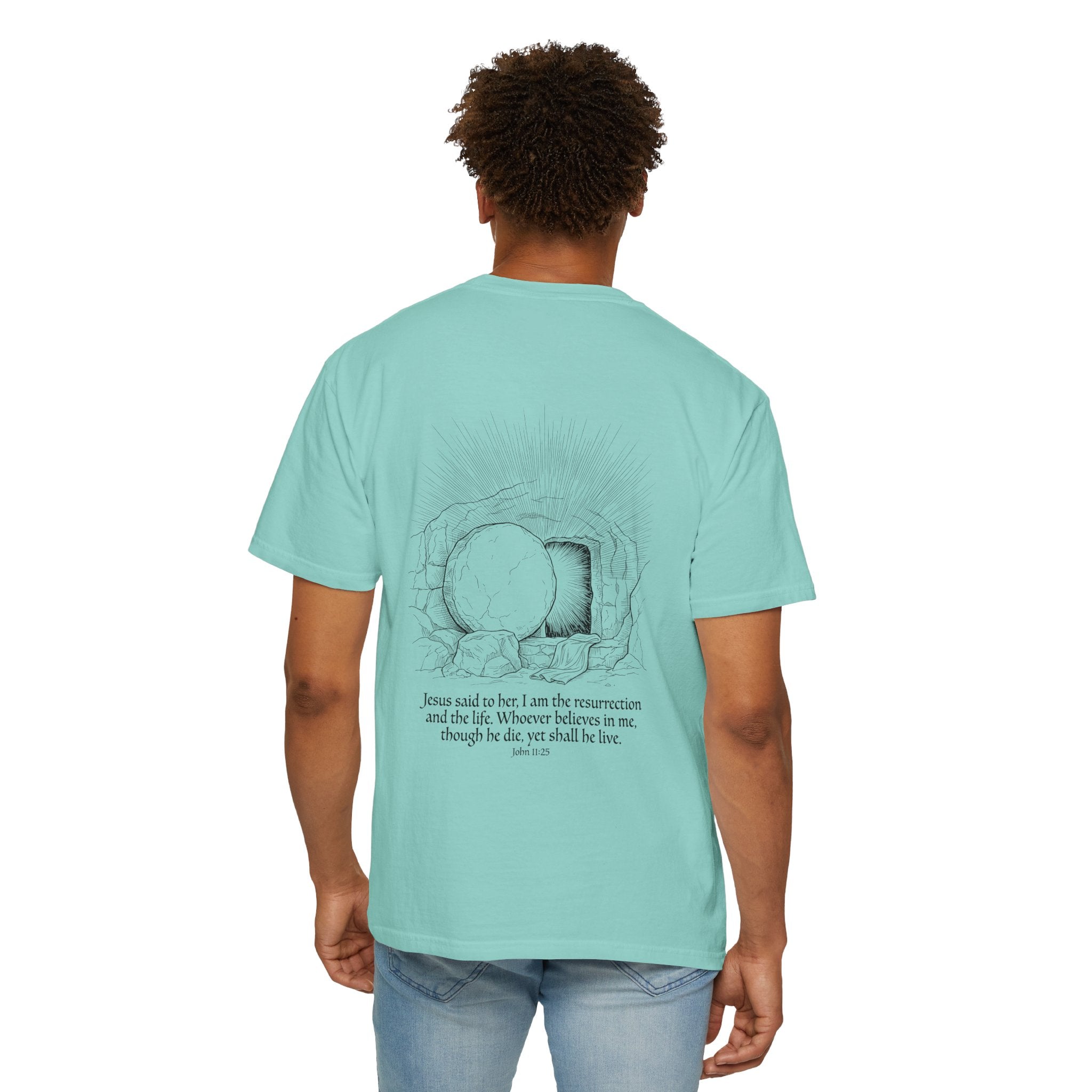 Christian Cross T-Shirt — Resurrection Tomb Design with John 11:25 Scripture