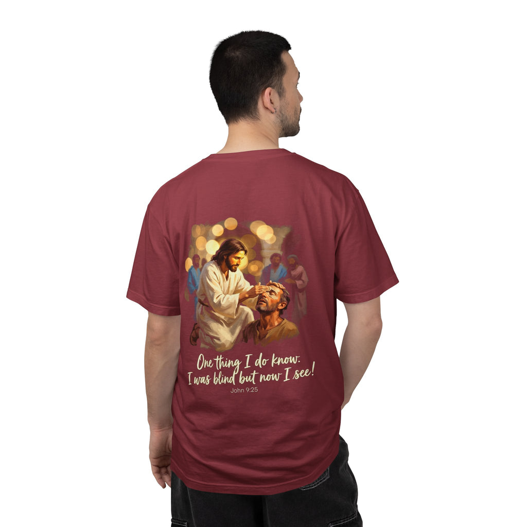 Christian T-Shirt — Jesus Healing the Blind "One thing I do know: I was blind but now I see"