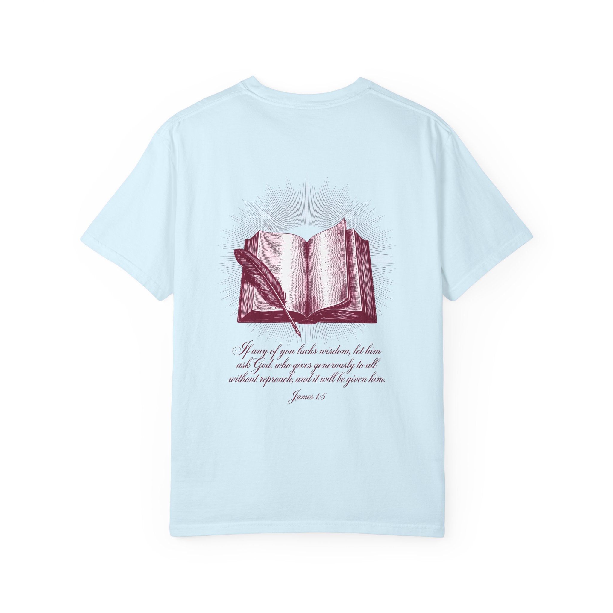 Christian Cross T-Shirt — Illustrated Bible Back Print with James 1:5 Quote