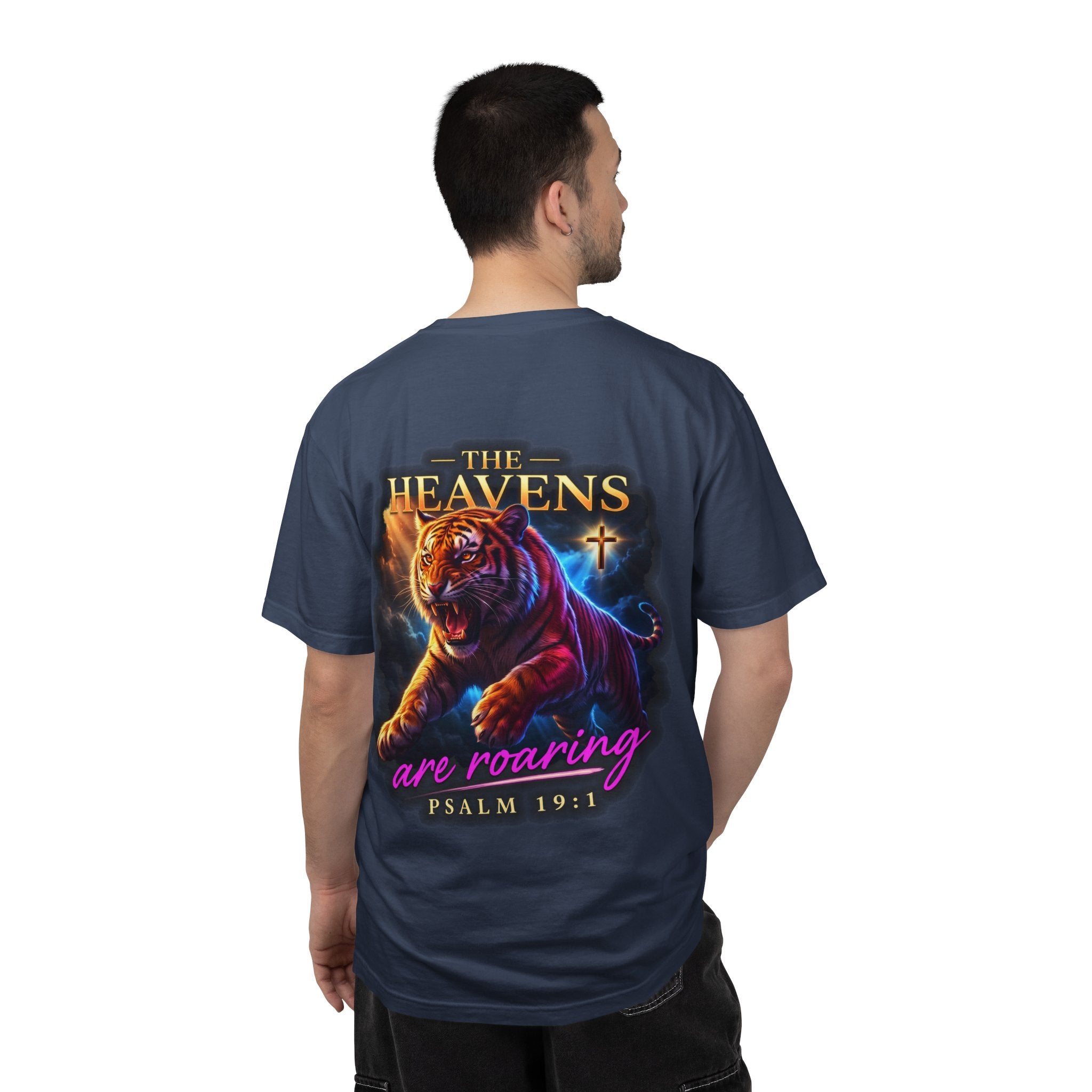 Christian Tiger T-Shirt — “The Heavens Are Roaring” Psalm 19:1 Graphic Tee