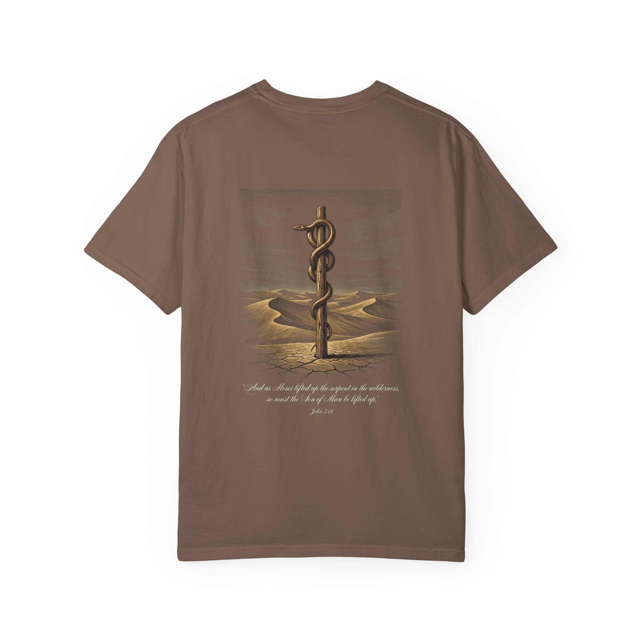 Christian Cross T-Shirt — Biblical Staff of Moses Desert Design with Scripture