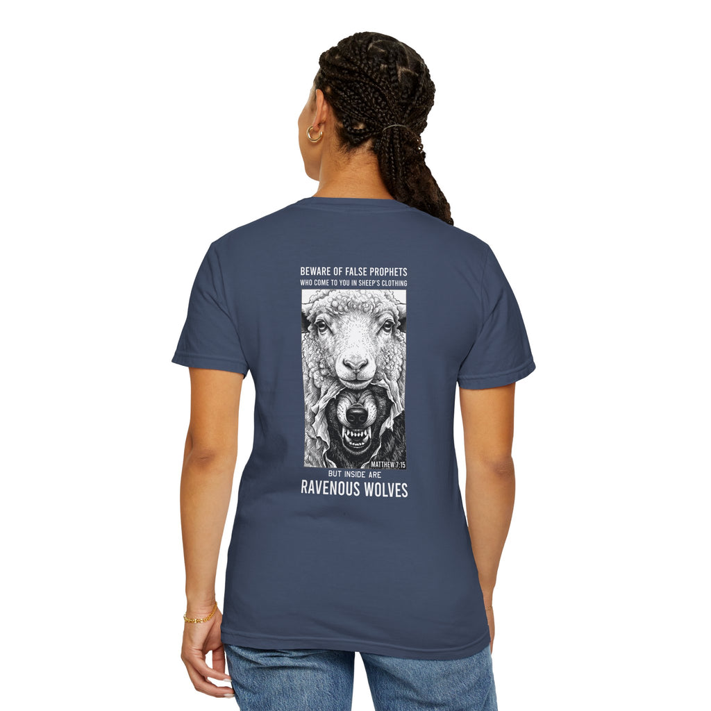 Ravenous Wolves Graphic T‑Shirt — 'Beware of False Prophets' Christian Cross Tee