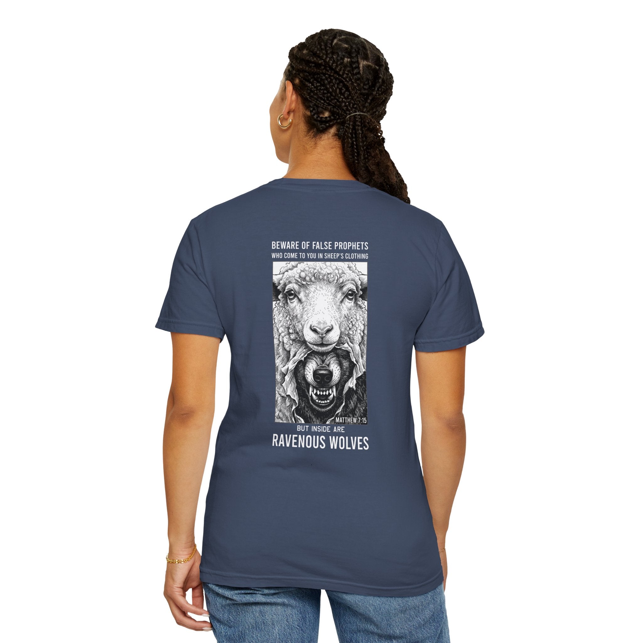 Ravenous Wolves Graphic T‑Shirt — 'Beware of False Prophets' Christian Cross Tee