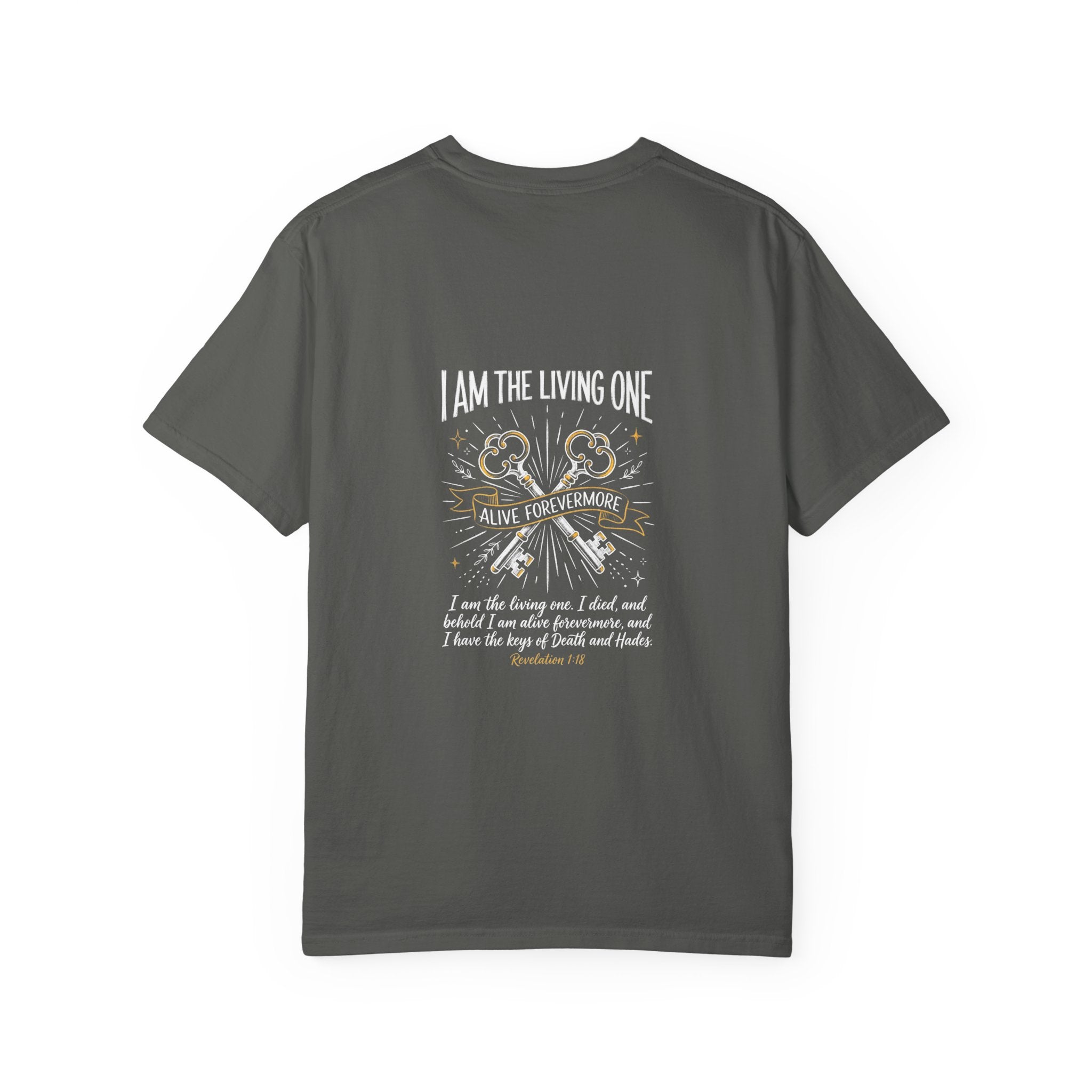 Christian Cross T-Shirt — “I Am the Living One” Scripture Back Graphic