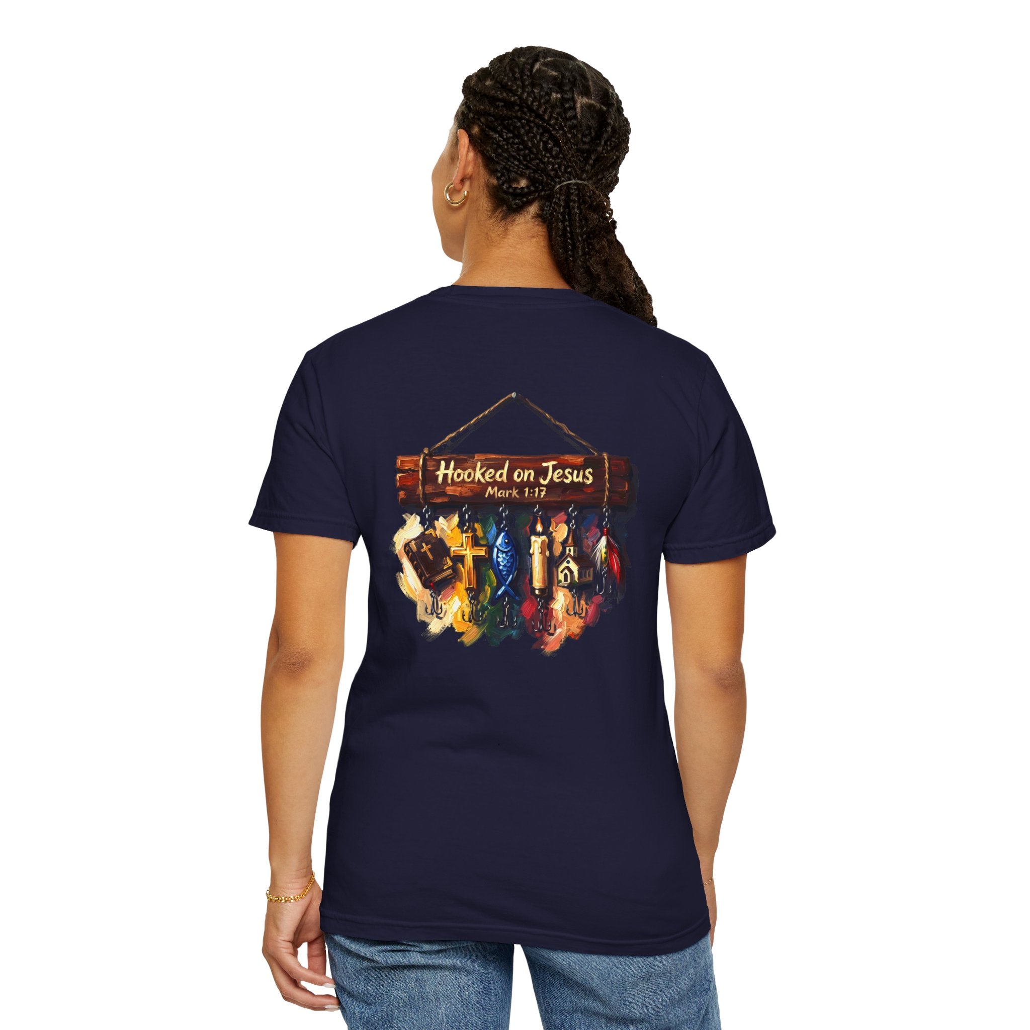 Christian Fishing T-Shirt — “Hooked on Jesus” Graphic Tee with Small Front Cross