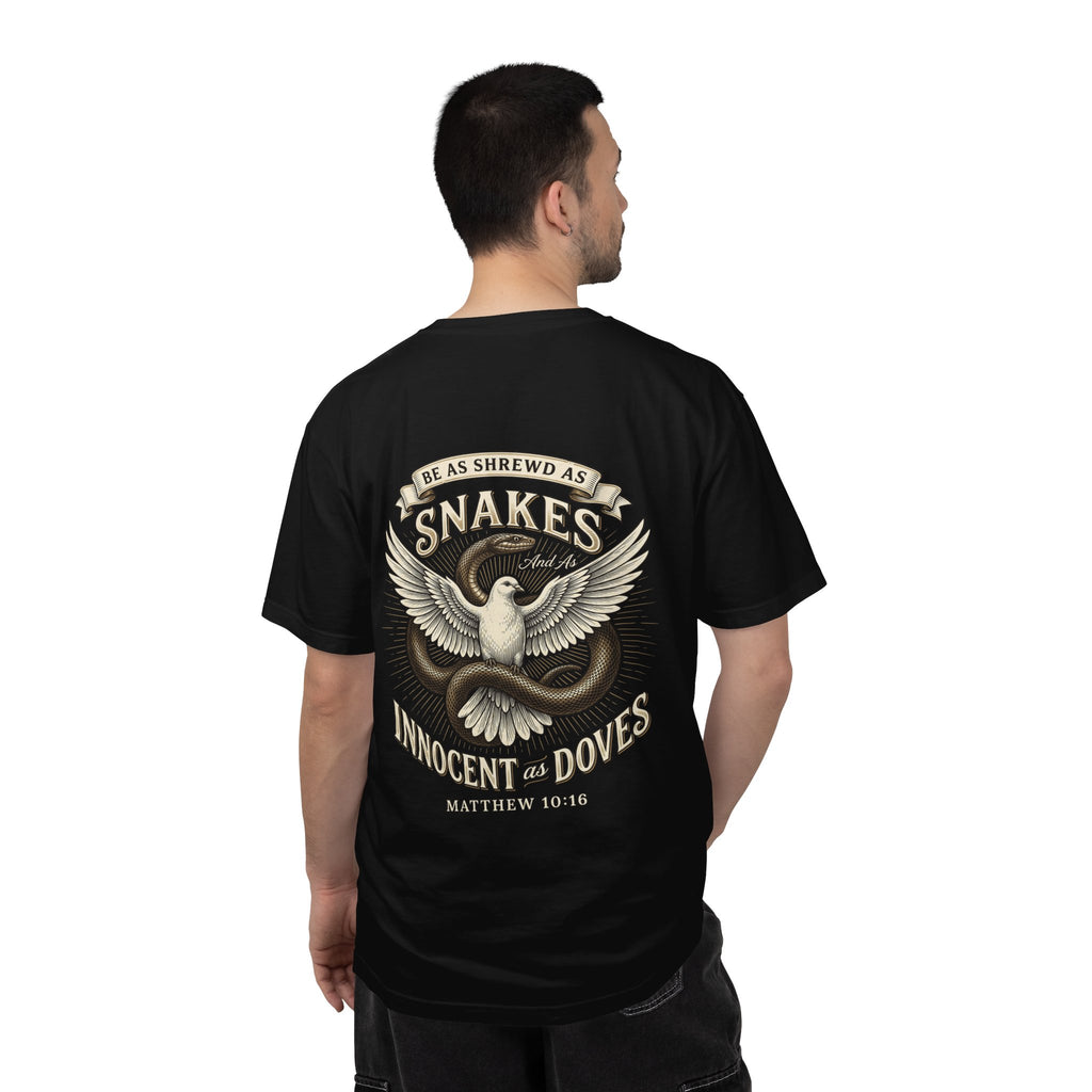 Christian Cross T-Shirt — "Be as Shrewd as Snakes, Innocent as Doves" Graphic Tee (Matthew 10:16)