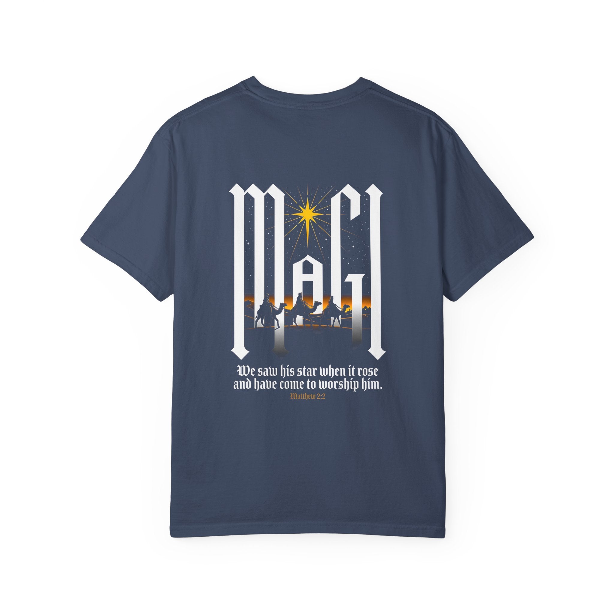 Christian Cross T-Shirt — 'We Saw His Star' Nativity Backprint Tee