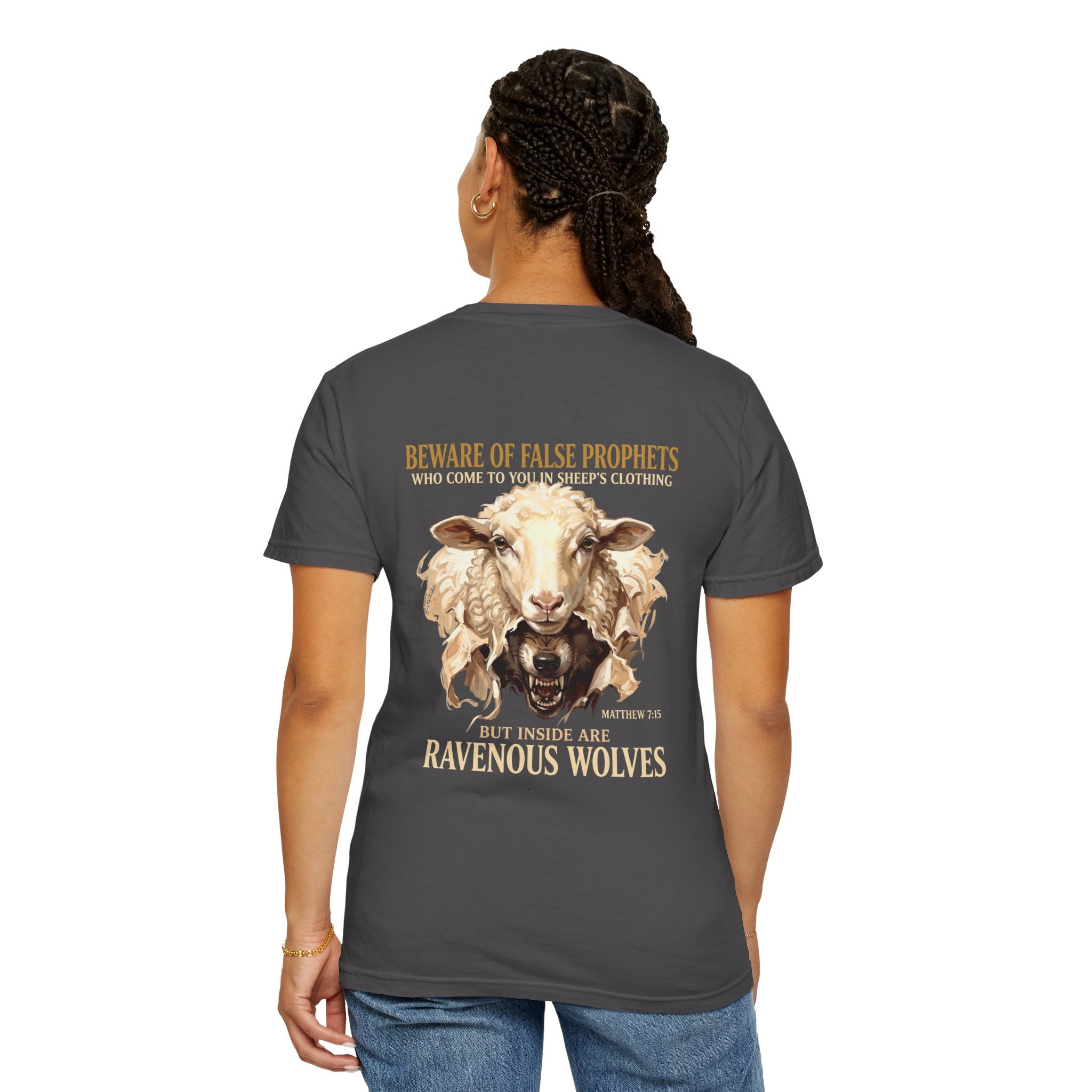 Christian Graphic T-Shirt — "Ravenous Wolves" Sheep & Cross Faith Tee