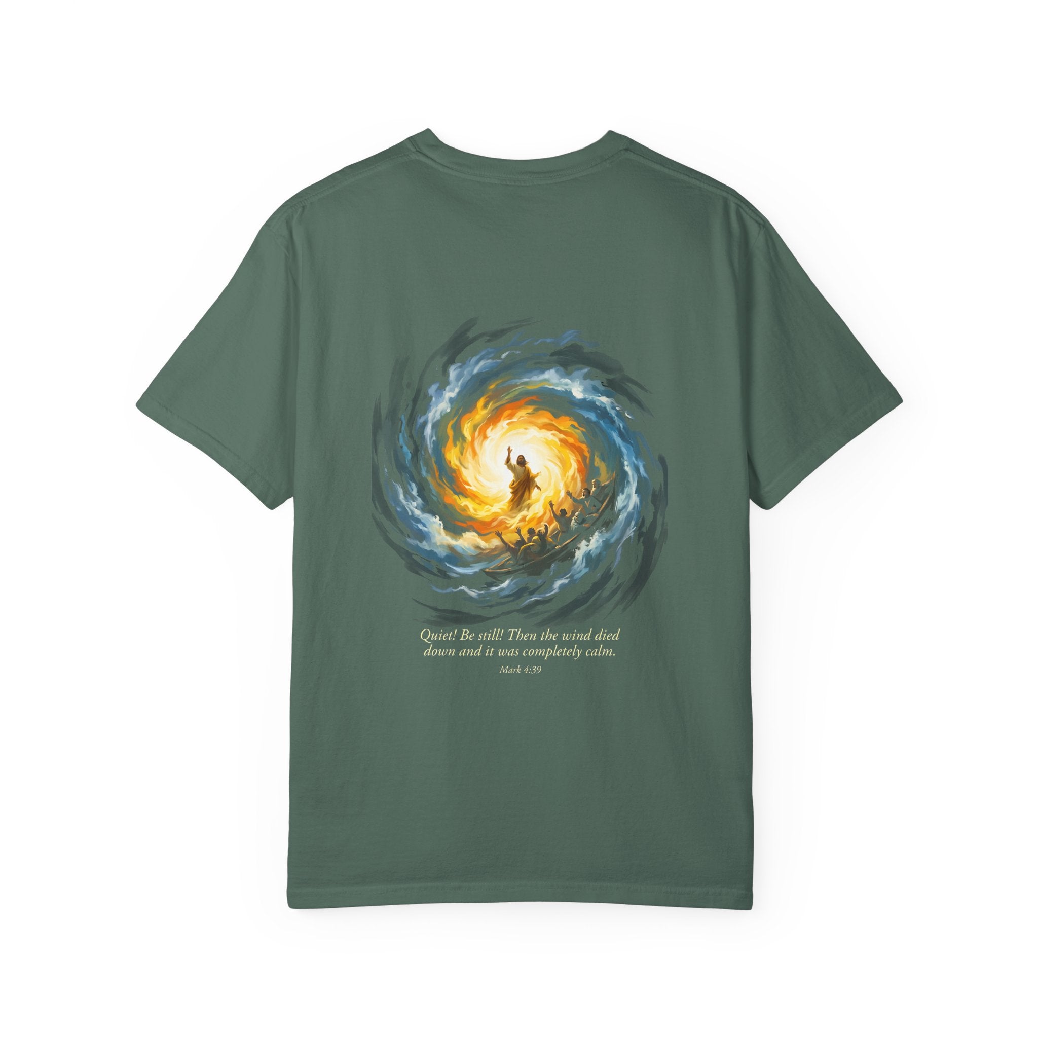 Christian T‑Shirt — Small Chest Cross & 'Quiet Be Still' Scripture Back Design