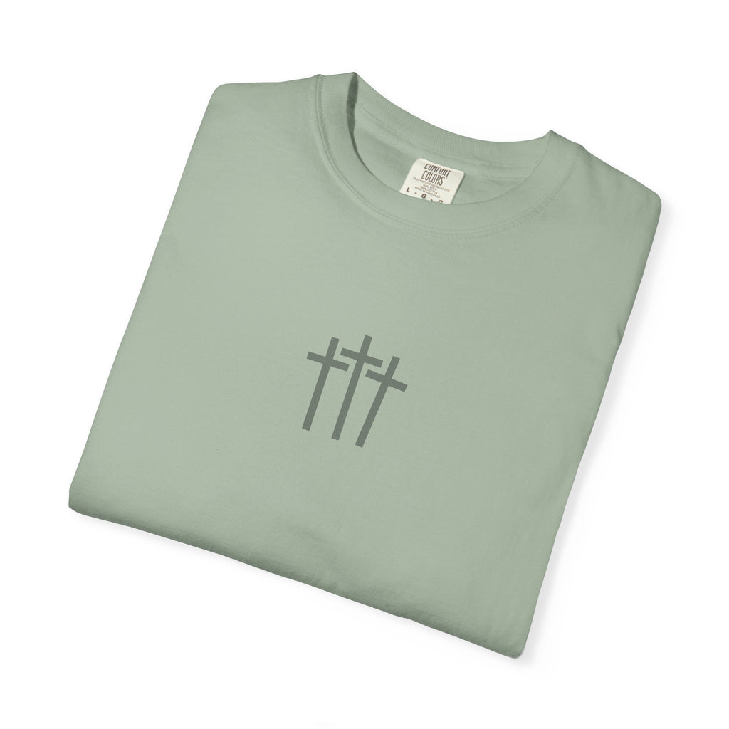 Christian Dove T-Shirt — Three Crosses Front & Dove Back with Scripture