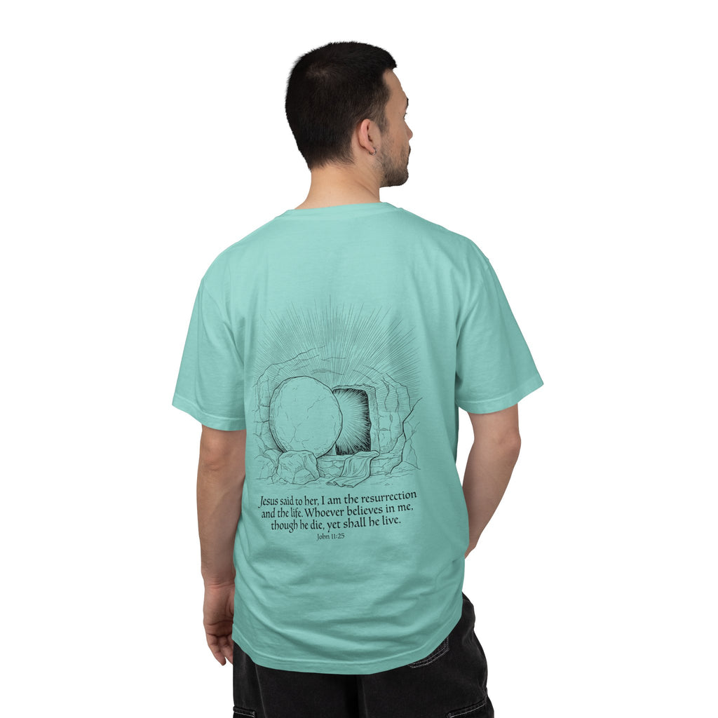 Christian Cross T-Shirt — Resurrection Tomb Design with John 11:25 Scripture