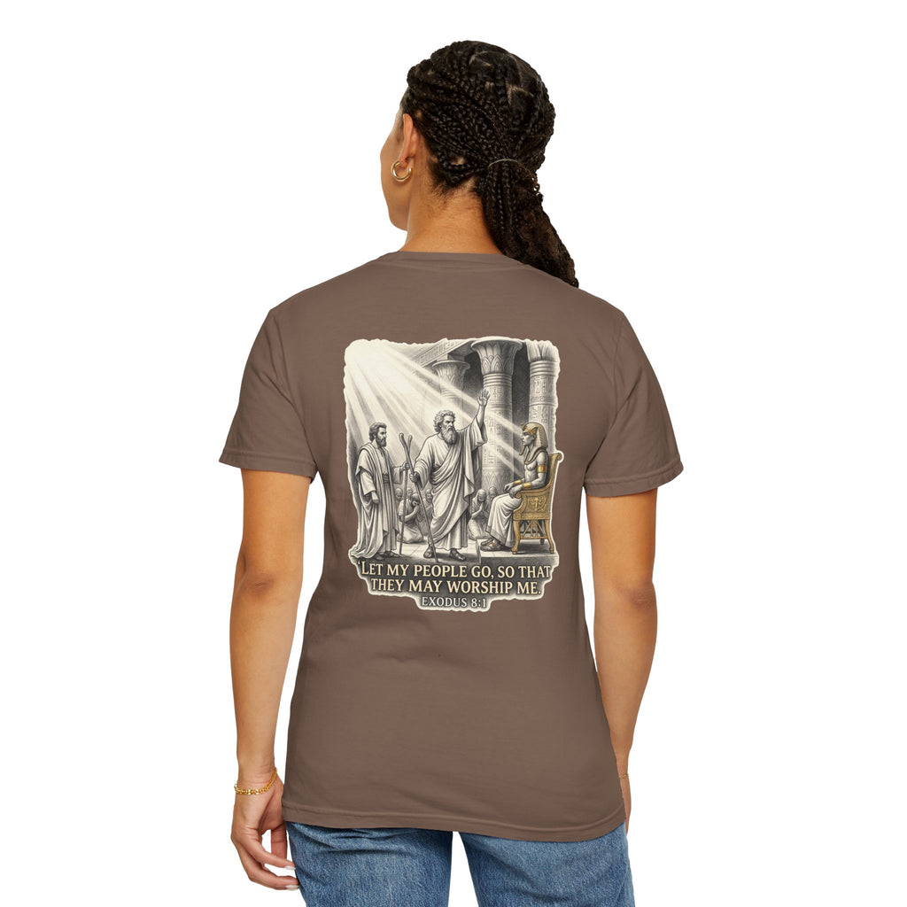 Religious T-Shirt — Small Cross Front & 'Let My People Go' Back Graphic
