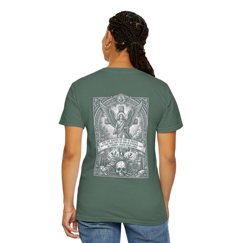 Religious Graphic T-Shirt — Angel, Skull & Scripture Back Print