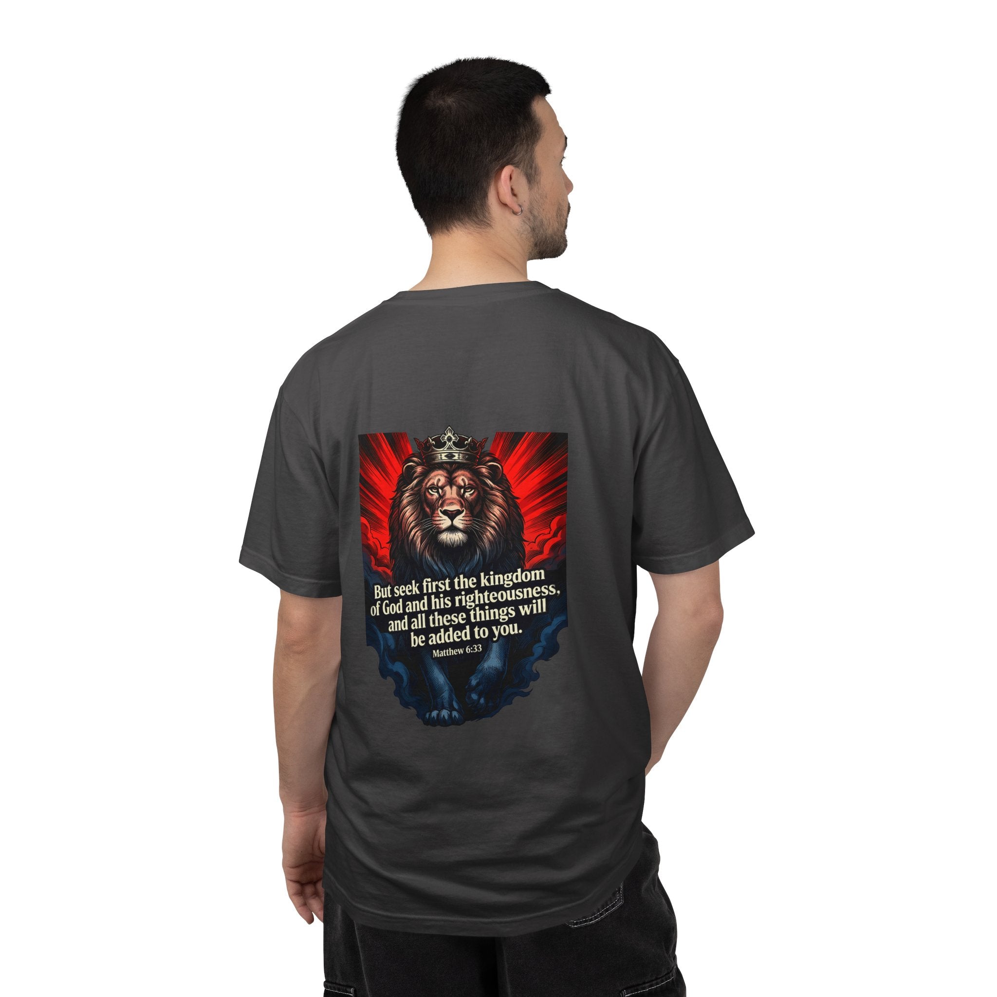 Christian Lion T-Shirt — 'But seek first the kingdom of God' Scripture Tee