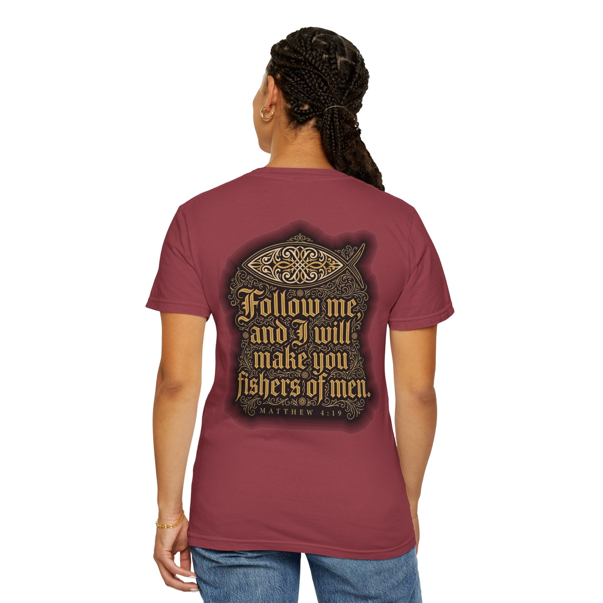 Christian Cross T-Shirt — "Follow Me and I Will Make You Fishers of Men" Back Graphic