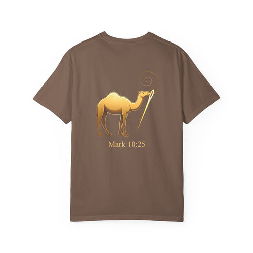 Christian Cross T-Shirt with Gold Camel & "Mark 10:25" Back — Religious Faith Tee