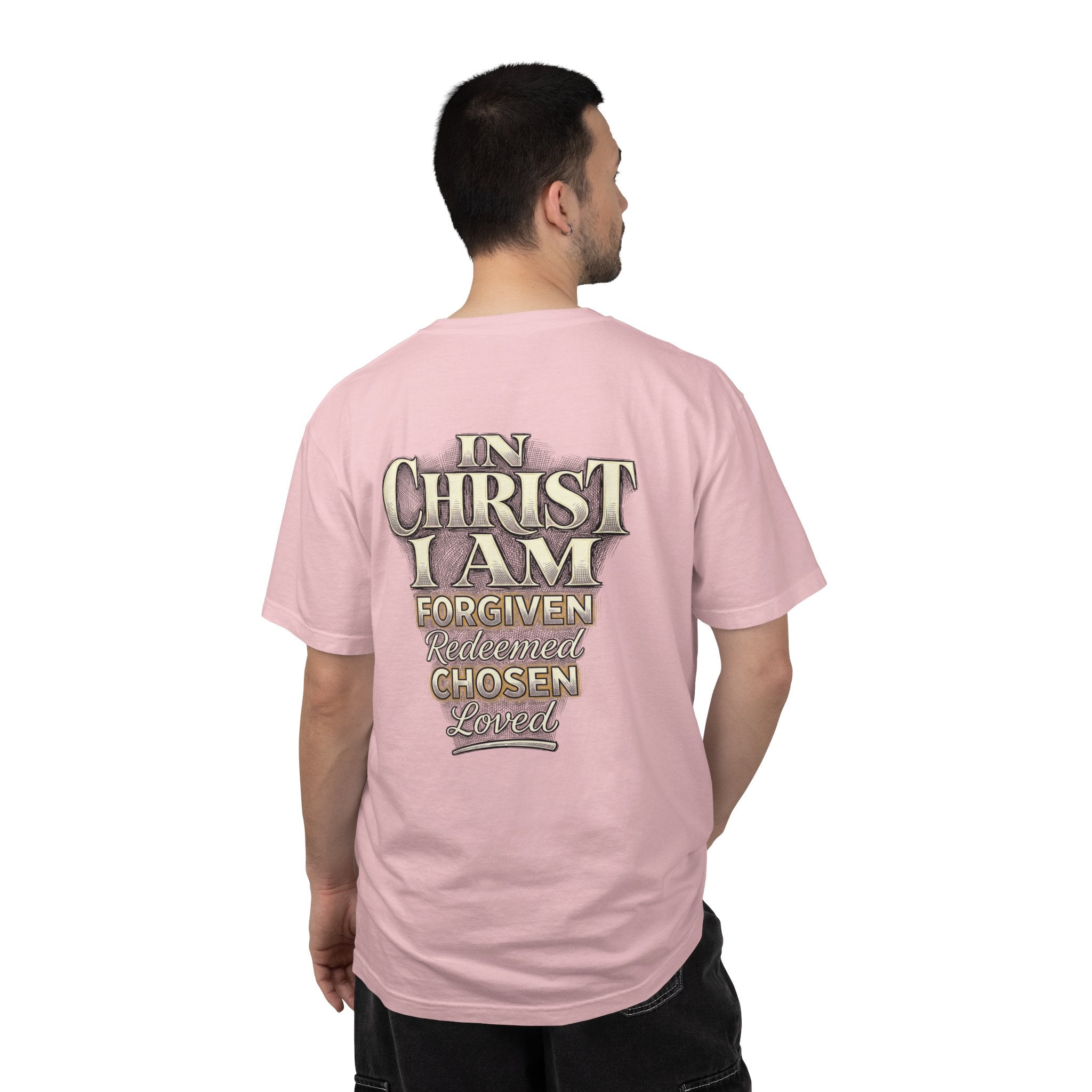 Christian Cross T-Shirt — "In Christ I Am Forgiven, Redeemed, Chosen" Faith Tee