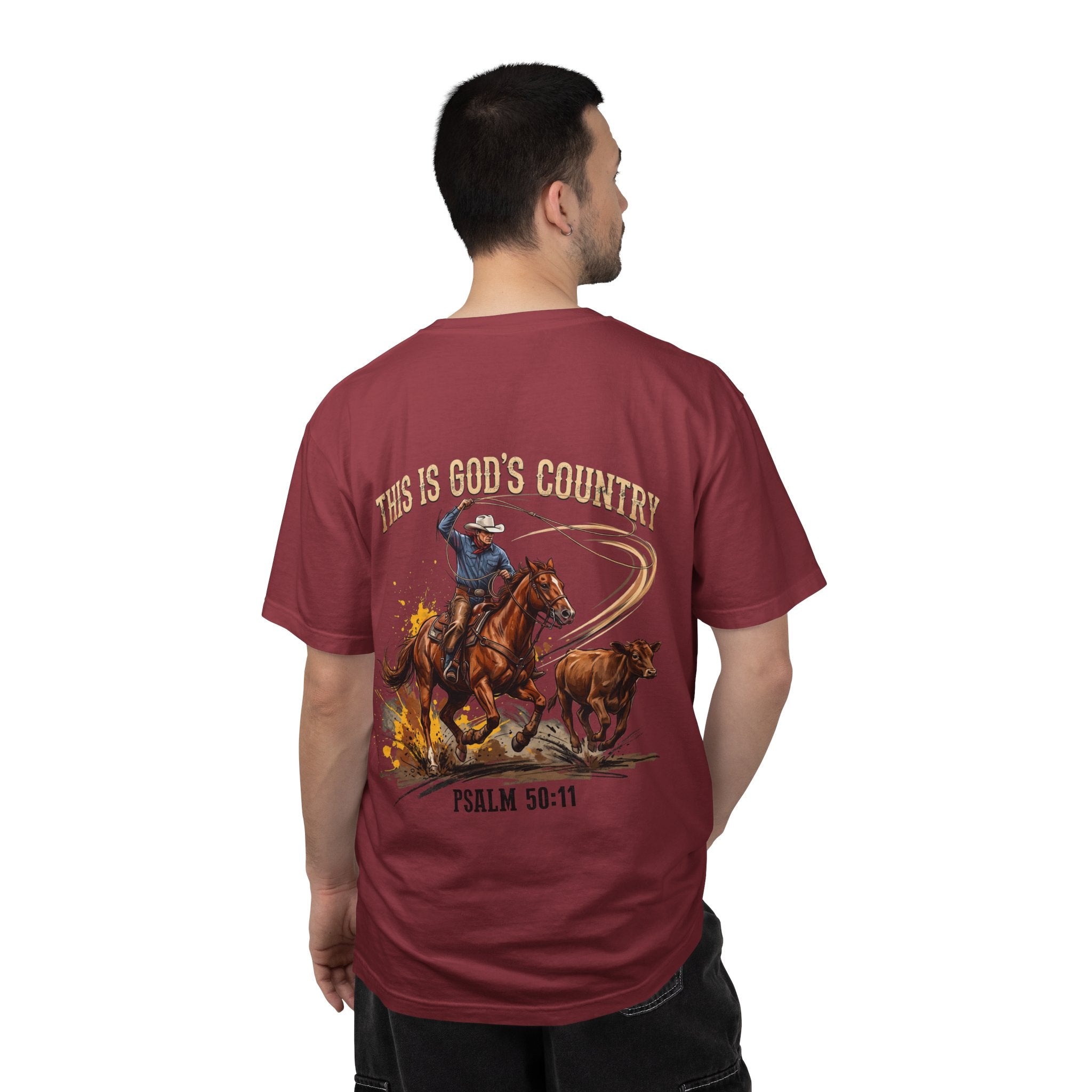 Christian Cowboy T-Shirt — "This Is God's Country" Psalm 96:11 Garment-Dyed Tee