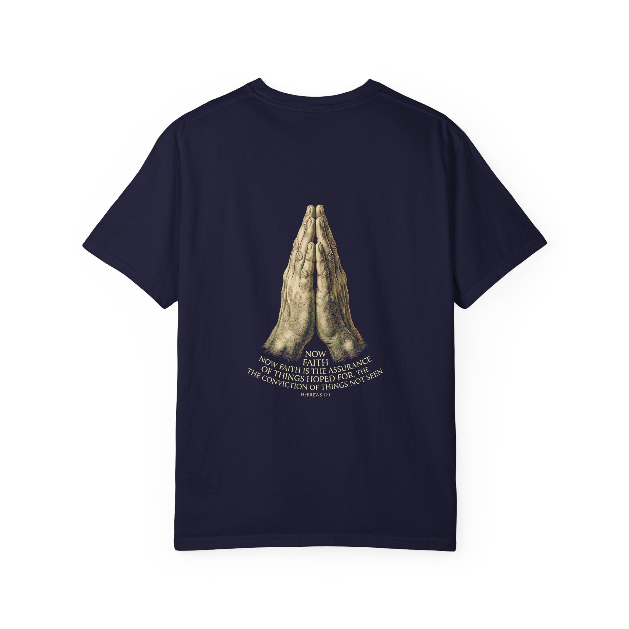 Prayer Hands Cross T‑Shirt — Christian Faith Tee with Back Scripture Design