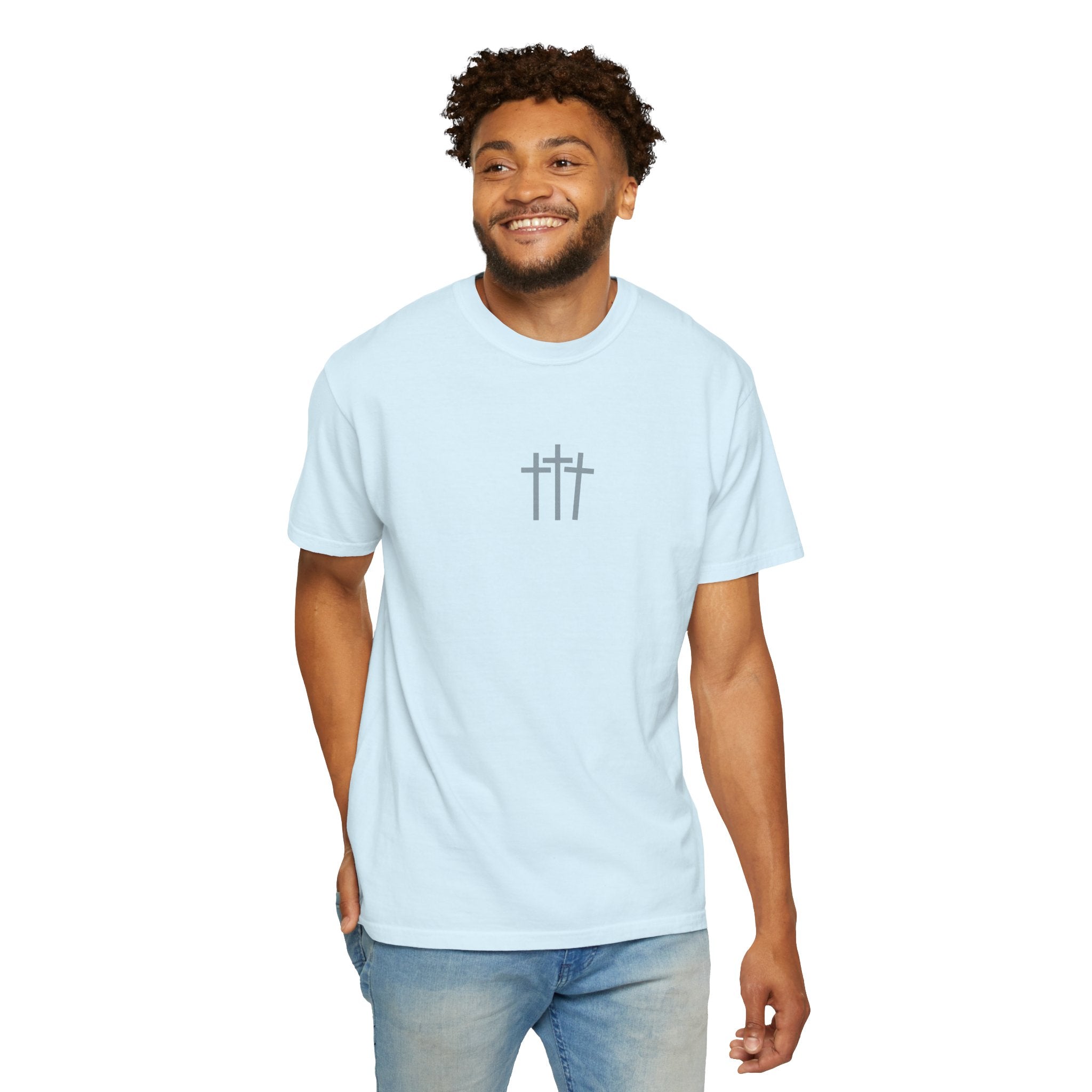 Christian Dove T-Shirt — Three Crosses Front & Dove Back with Scripture