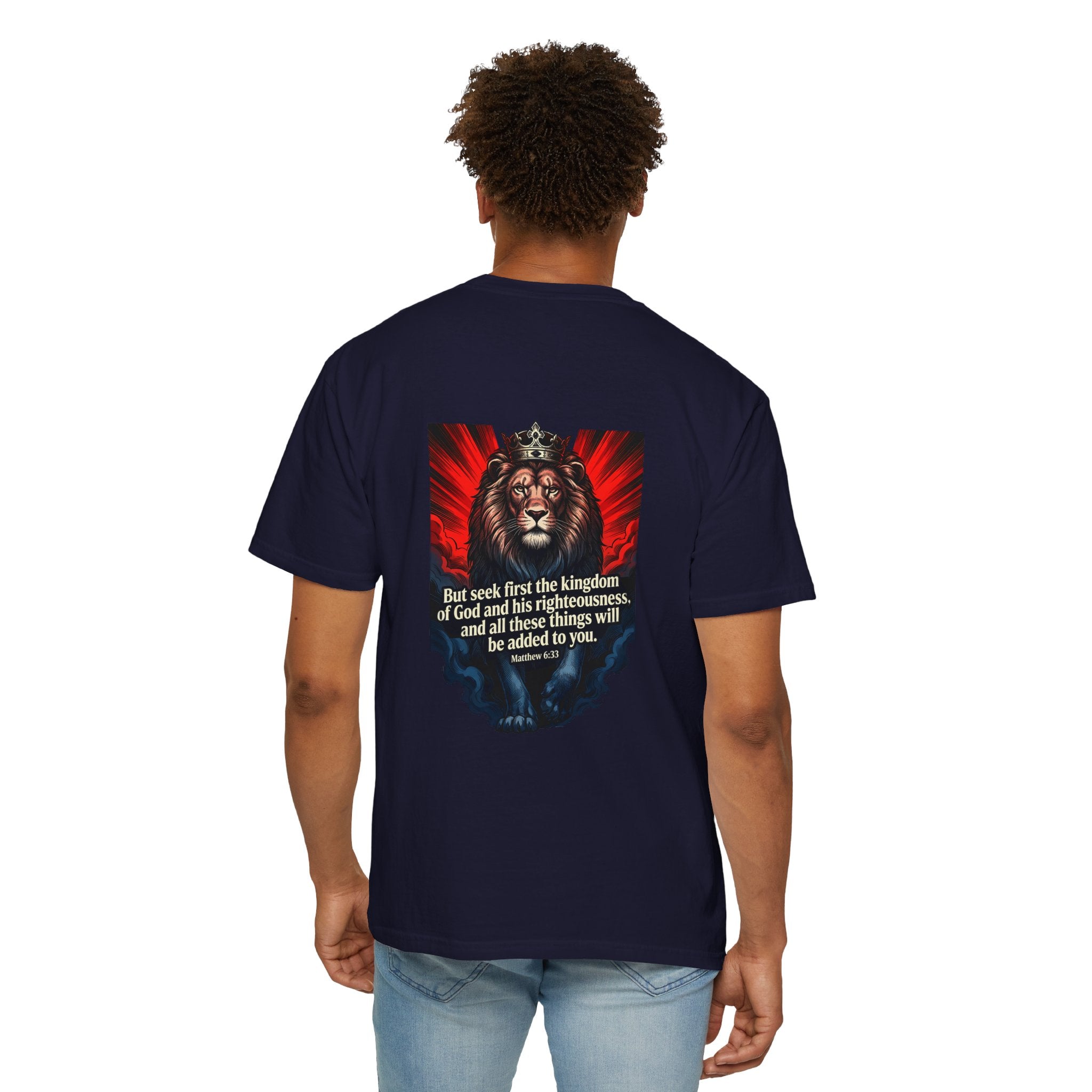 Christian Lion T-Shirt — 'But seek first the kingdom of God' Scripture Tee