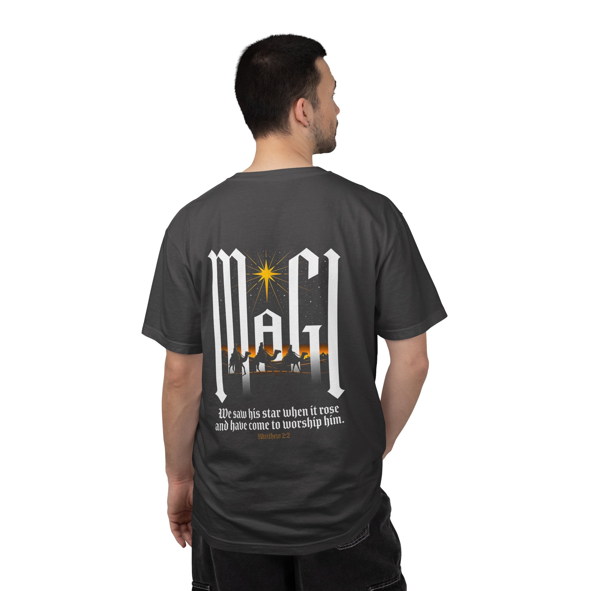 Christian Cross T-Shirt — 'We Saw His Star' Nativity Backprint Tee