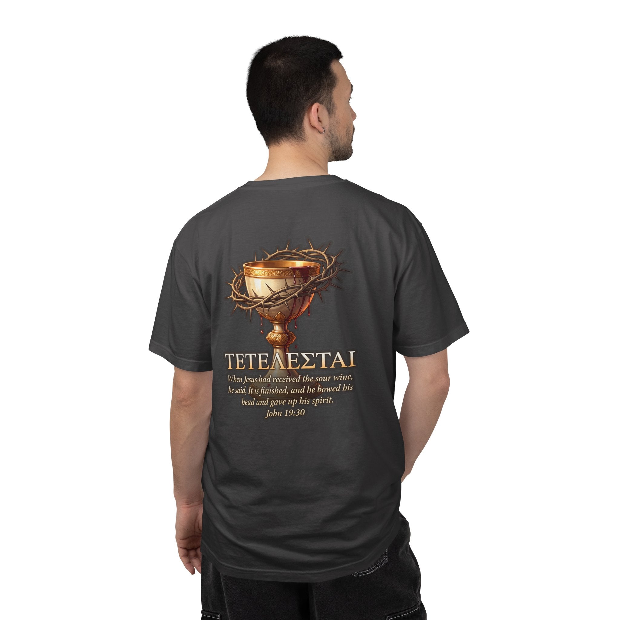 Christian Cross T-Shirt — 'Teteteazai' Chalice Scripture Tee (John 19:30)