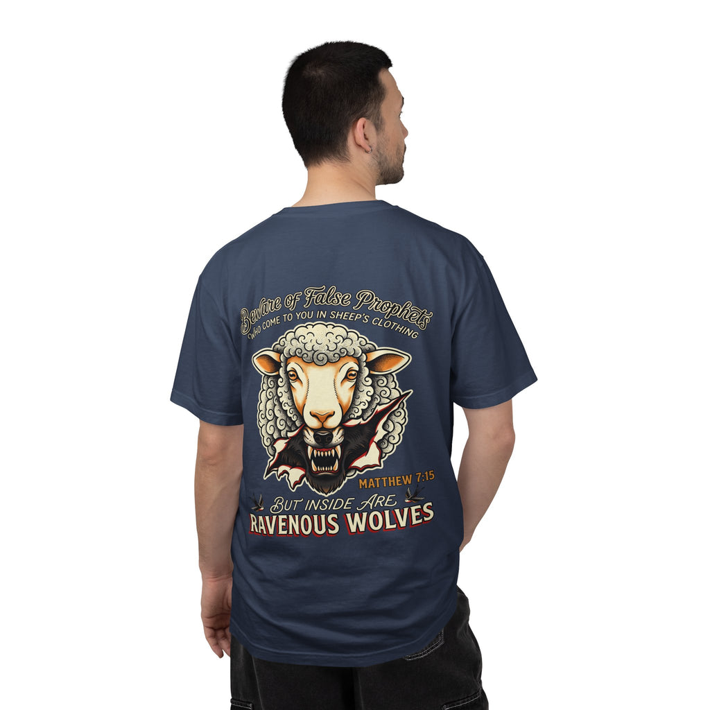 Ravenous Wolves Sheep Graphic T-Shirt — Matthew 7:15 Christian Cross Tee