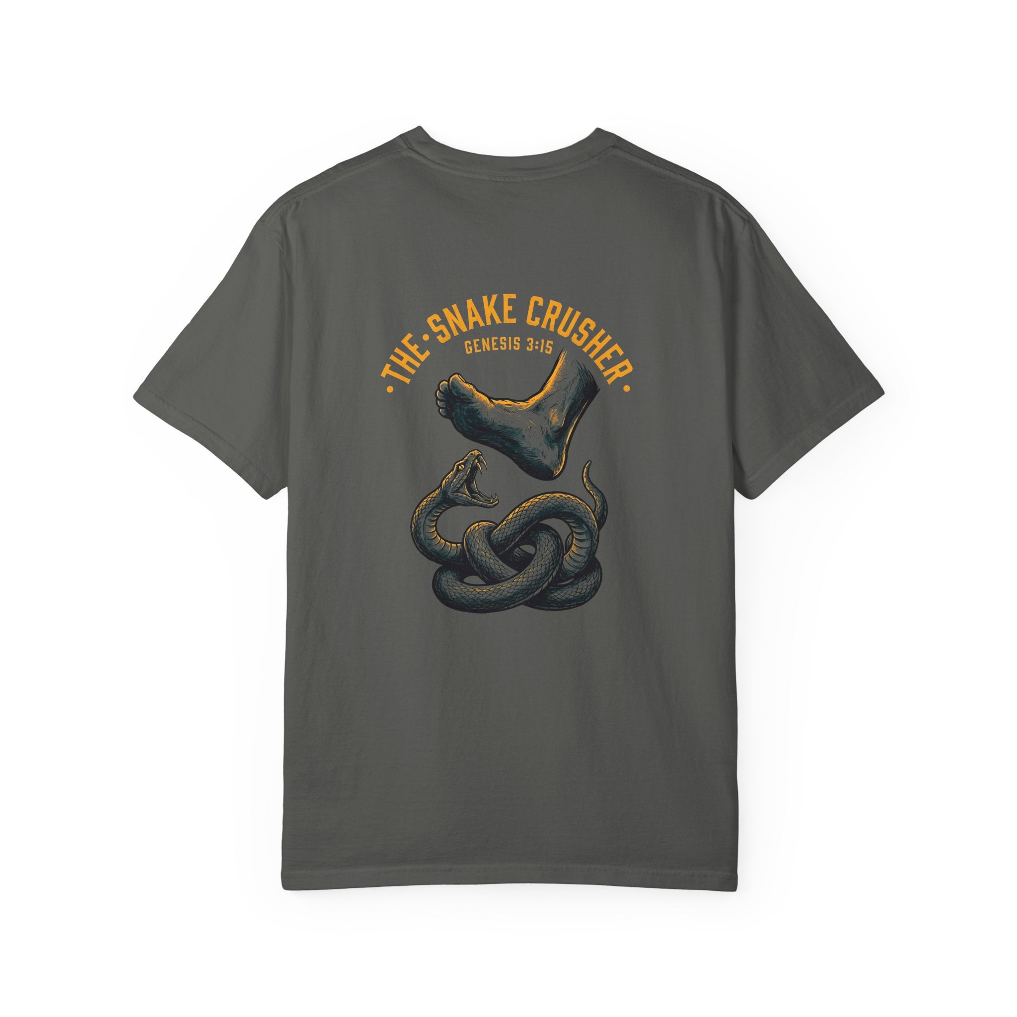 Snake Crusher T‑Shirt — Foot Crushing Serpent Graphic with Cross