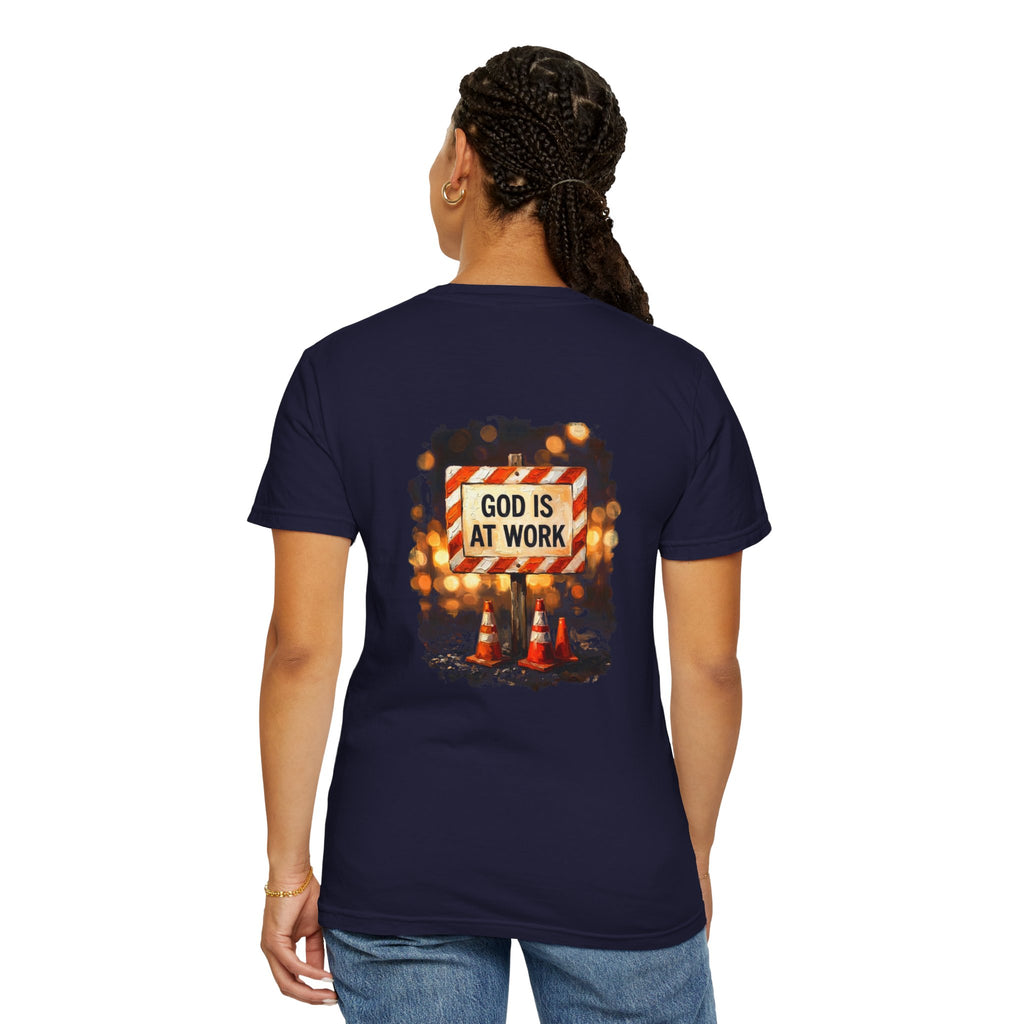 Christian T-Shirt — "God Is At Work" Cross Graphic Tee