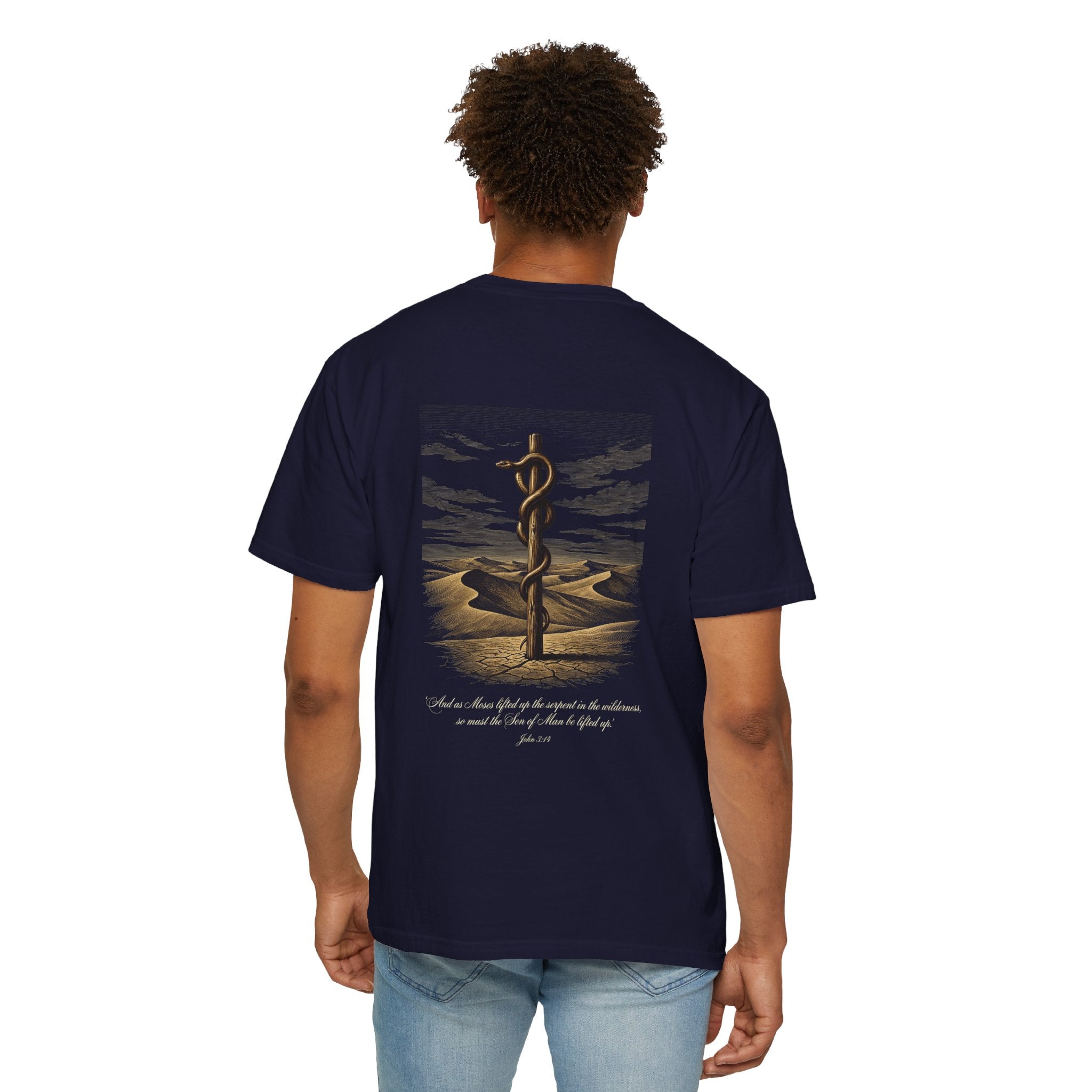 Christian Cross T-Shirt — Biblical Staff of Moses Desert Design with Scripture