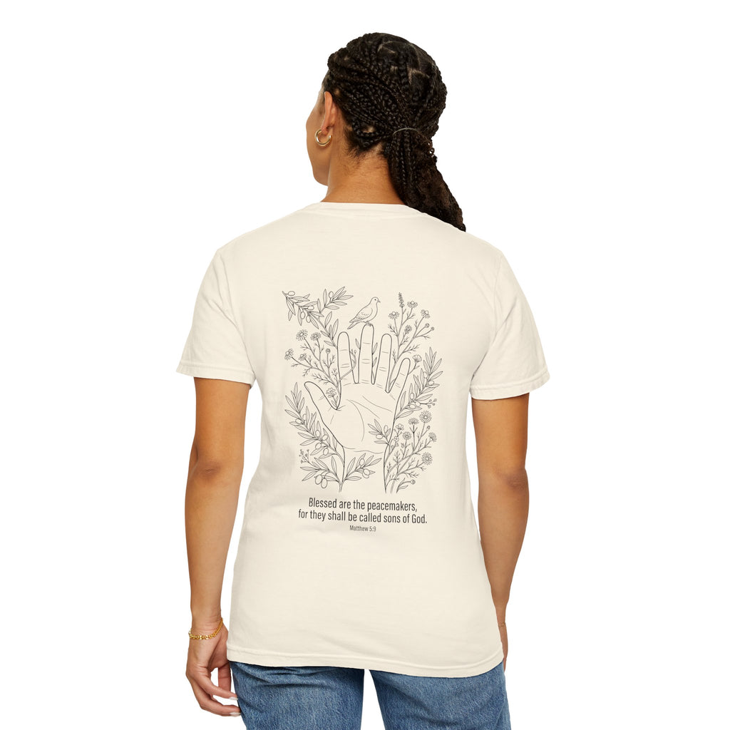 Faith Floral T-Shirt — Three Crosses Front with ‘Blessed are the Peacemakers’ Floral Back