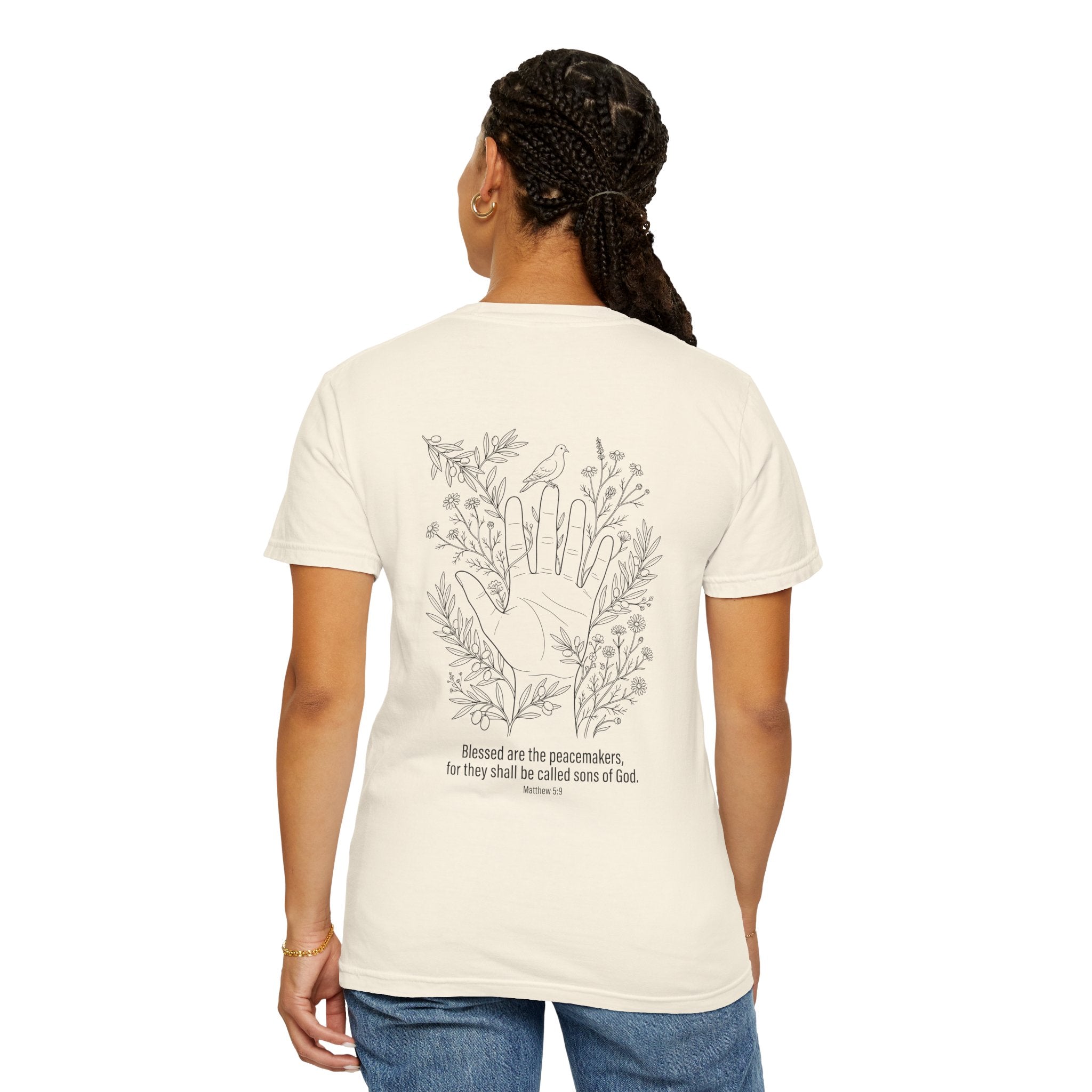 Faith Floral T-Shirt — Three Crosses Front with ‘Blessed are the Peacemakers’ Floral Back