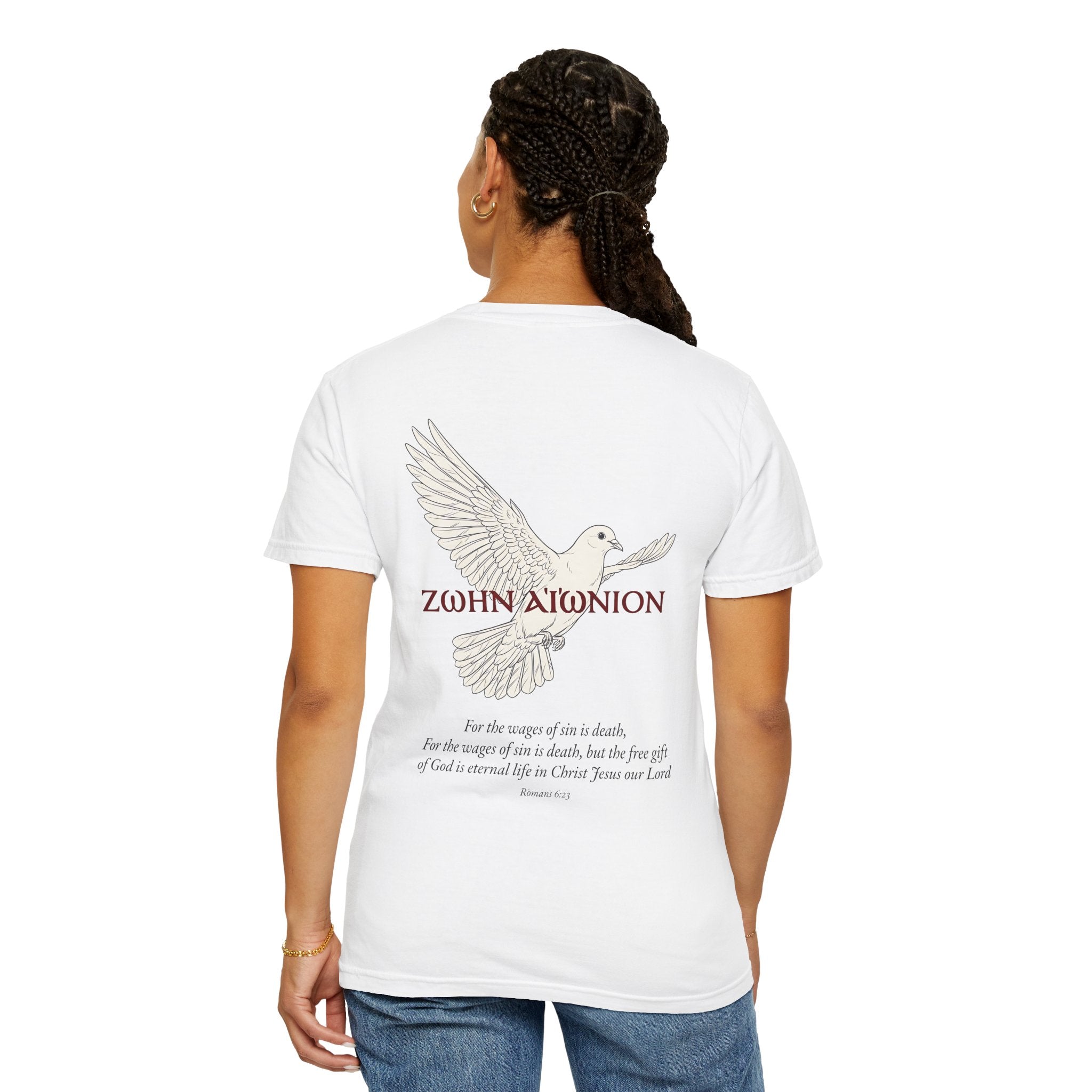 Christian Dove T-Shirt — Three Crosses Front & Dove Back with Scripture