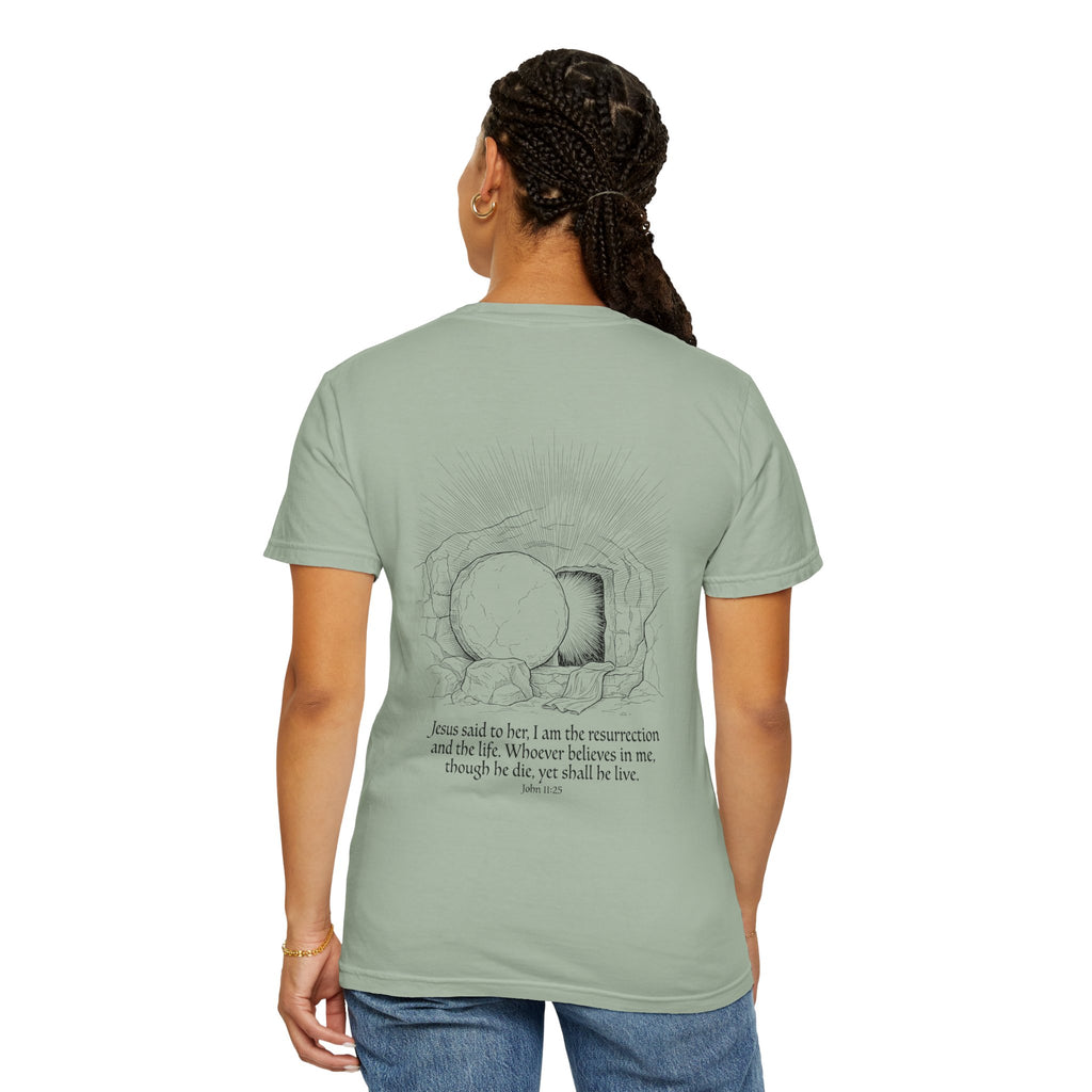 Christian Cross T-Shirt — Resurrection Tomb Design with John 11:25 Scripture
