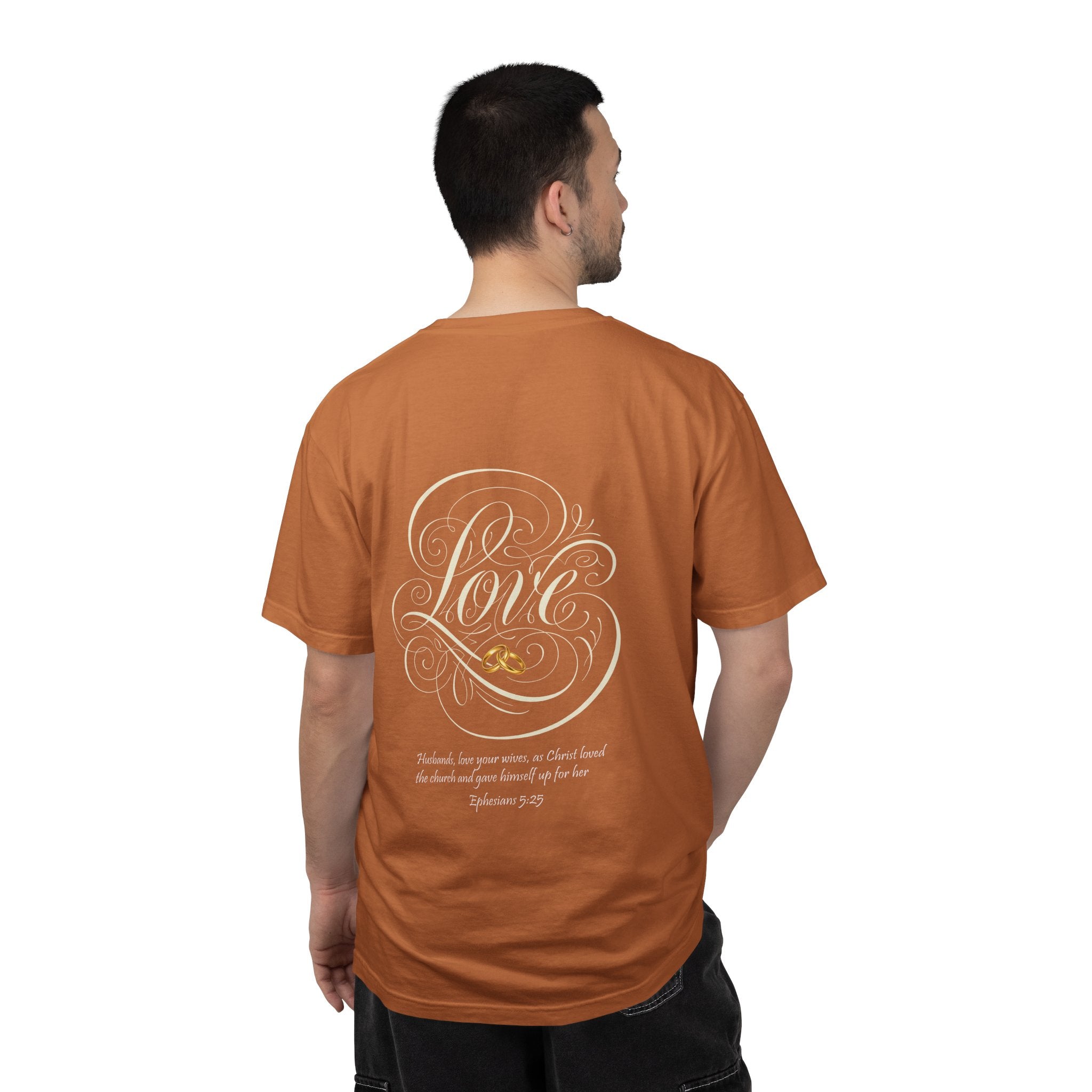 Christian Love Tee — Scripture Cross Back Design (1 John 4:19)