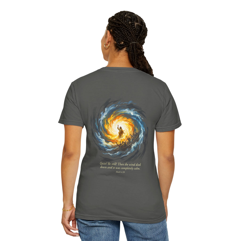 Christian T‑Shirt — Small Chest Cross & 'Quiet Be Still' Scripture Back Design