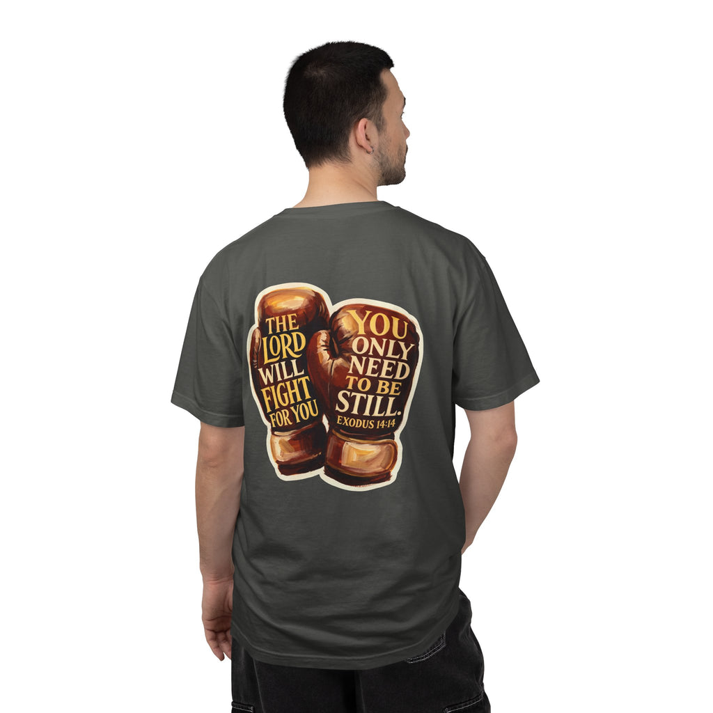 Christian Cross T-Shirt — “The Lord Will Fight For You / Be Still” Boxing Gloves Graphic