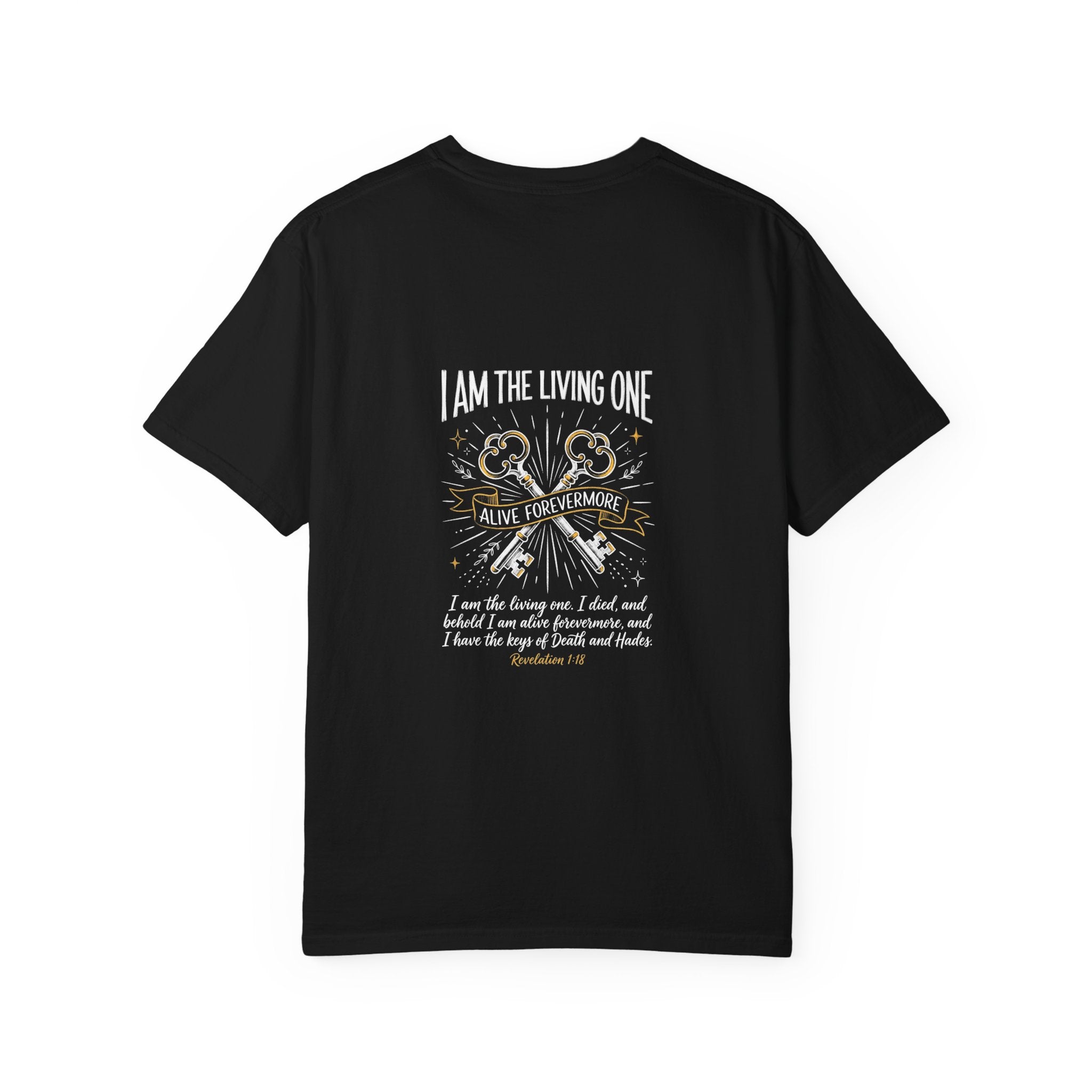 Christian Cross T-Shirt — “I Am the Living One” Scripture Back Graphic