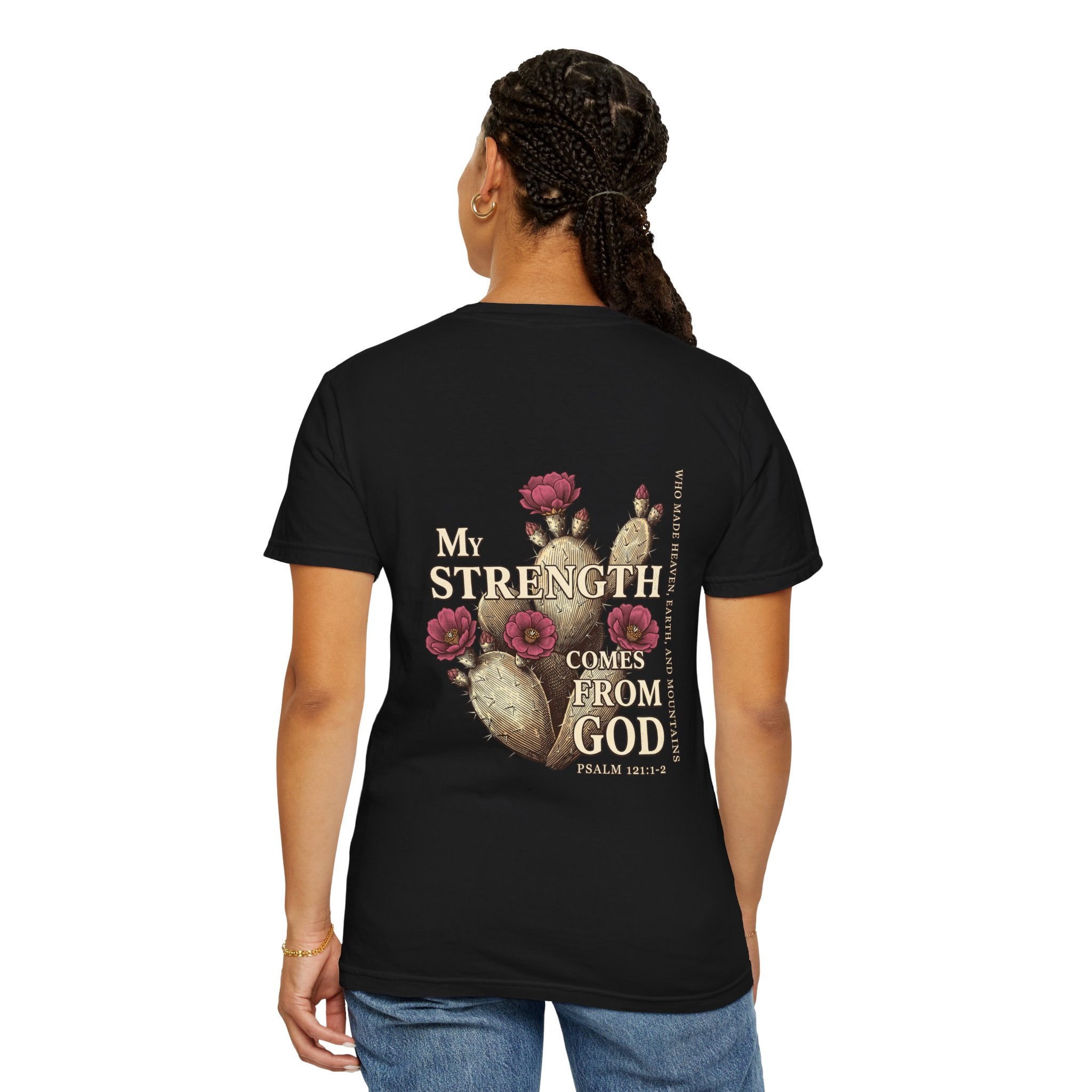 Christian Floral T‑Shirt — “My Strength Comes From God” Chest Cross Design