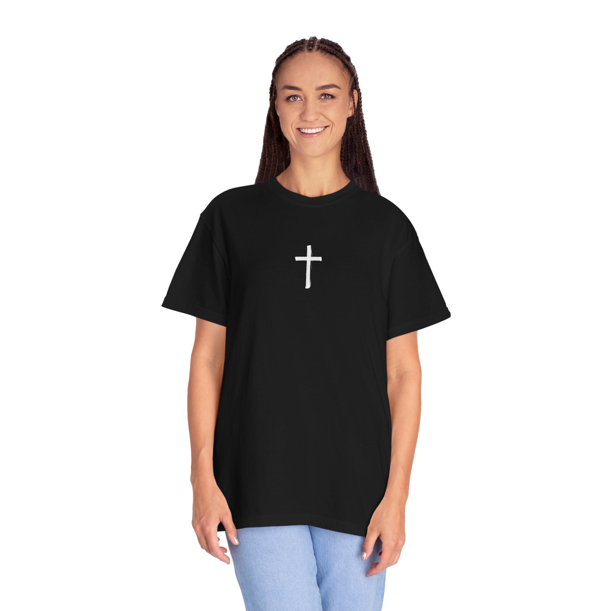 Christian Cross T-Shirt — "The harvest is plentiful, but the laborers are few" Back Graphic