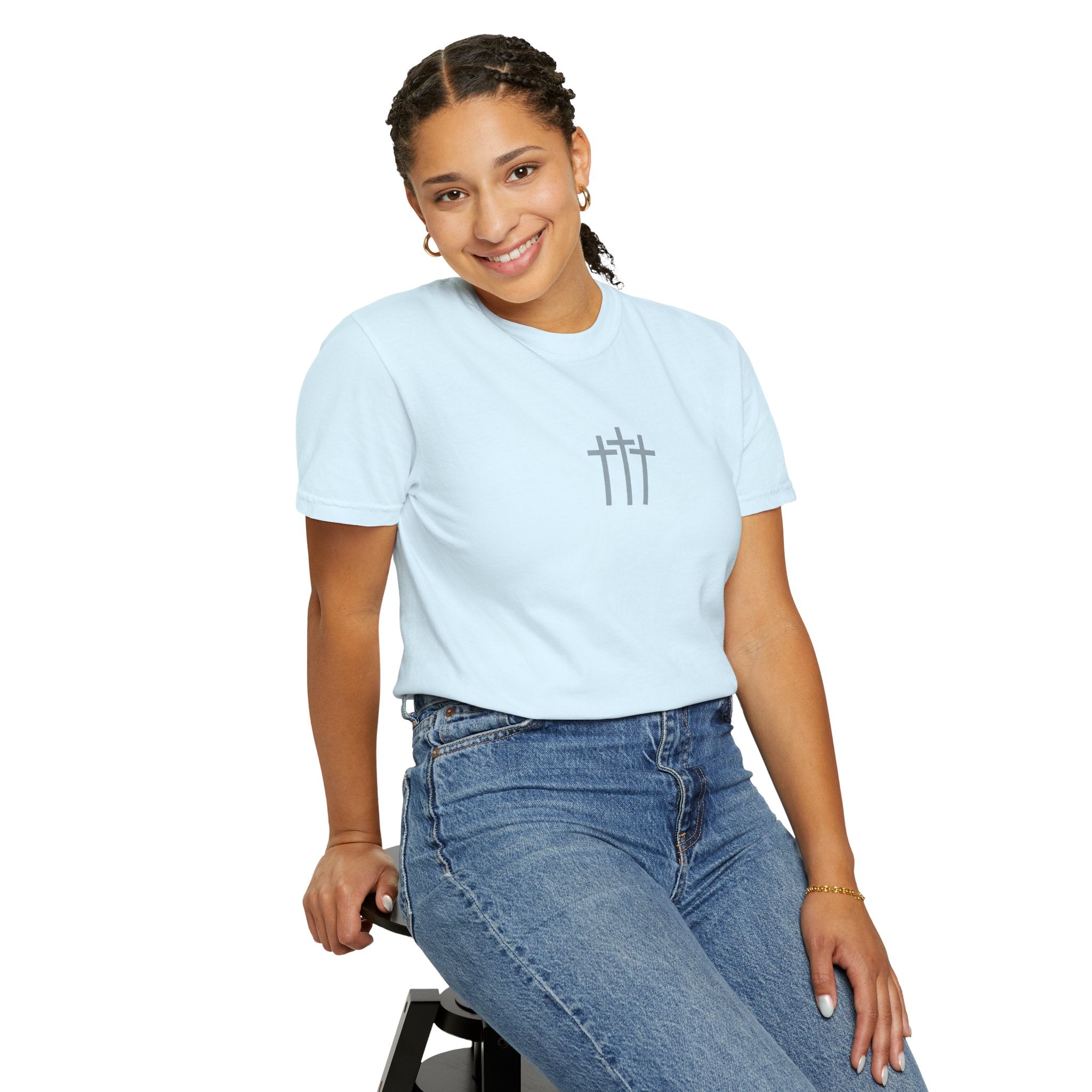 Faith Floral T-Shirt — Three Crosses Front with ‘Blessed are the Peacemakers’ Floral Back
